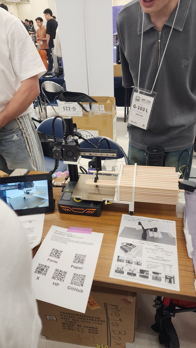 MattStultz's tweet photo. Cool stuff at #JRRF2026 a thread...

First we have the stick support printer (Dynapin: 3D). Rather than printing a ton of supports, it pulls out sticks, prints a small amount of support on them and then continues printing. Love it. https://t.co/EKVPO9CitF