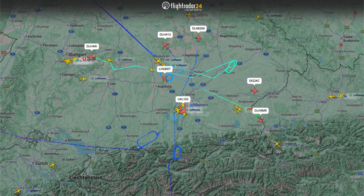 flightradar24's tweet photo. Flights bound for Munich are currently holding or diverting to alternate airfields. The last operation at the airport was approximately 1 hour ago. https://t.co/CFDGodu86C https://t.co/BWJ0FXb9Iv