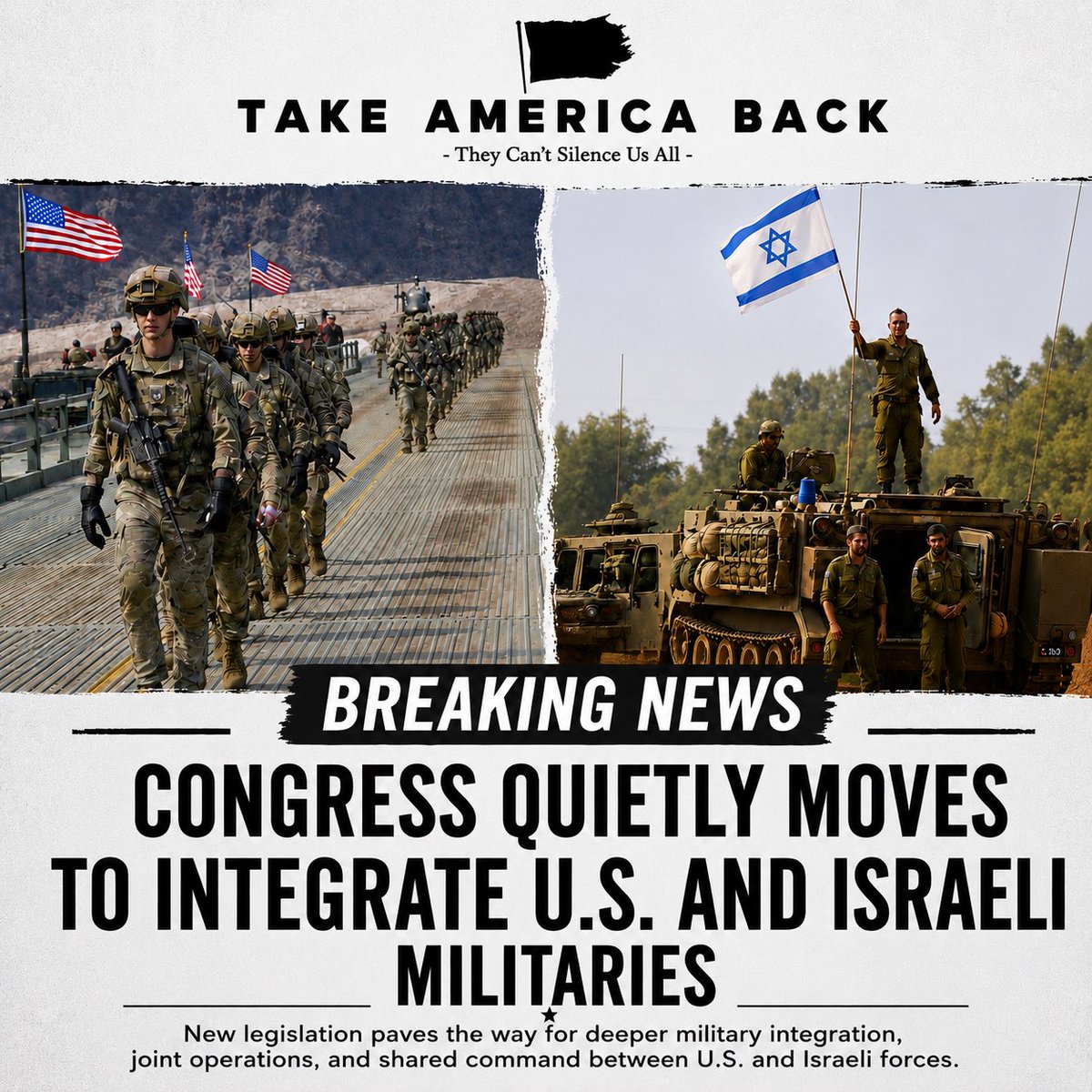 t8keamericaback's tweet photo. Let’s stop pretending this is just about “supporting an ally.”

Congress is now pushing deeper military integration between the United States and Israel through expanded joint operations, intelligence sharing, coordinated defense systems, and military cooperation.

And suddenly Netanyahu talking about reducing dependence on the $3.8 billion America sends Israel every year starts making a lot more sense.

Because if our militaries become fully integrated, then technically they don’t need the aid anymore. Why? Because America itself becomes directly tied into protecting and funding the operation anyway.

This is exactly what many Americans warned about.

We are watching America slowly get absorbed deeper and deeper into foreign conflicts while our own country is falling apart:
• Americans can’t afford groceries
• Veterans are neglected
• Our border is a disaster
• Homelessness is exploding
• Families are drowning in debt

Yet Washington always seems to find unlimited money, weapons, and military commitments for everyone else first.

No serious public debate.
No vote from the American people.
No transparency.

Just another massive foreign policy shift quietly moving through Congress while Americans are distracted.

America was never supposed to be the military arm of the world.

At some point we have to ask:
When do American lives, American borders, American families, and American interests finally come first?