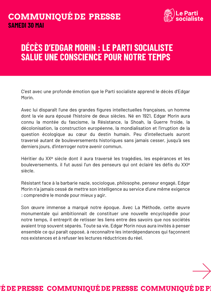 partisocialiste's tweet photo. 🔴 Communiqué de presse 

Décès d’Edgar Morin : le Parti socialiste salue une conscience pour notre temps

Lire le communiqué 👉 https://t.co/aNWd6fdpUW https://t.co/eLq8I3KPof