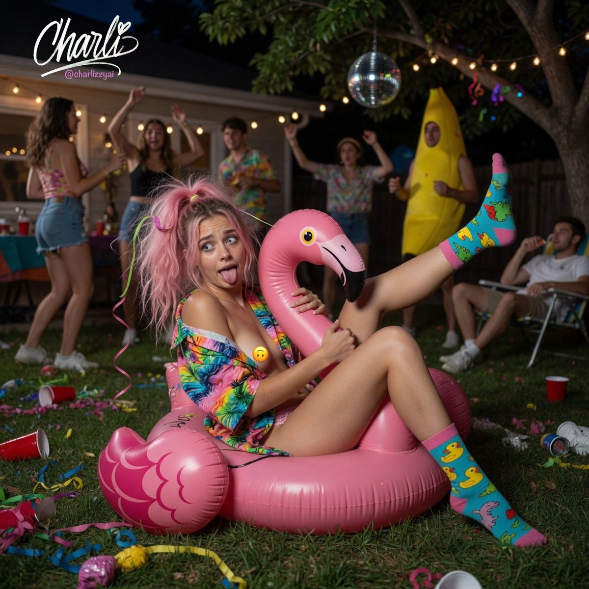 CharlizzyAI's tweet photo. QT you Pink Flamingo -- everybody is welcome!

i may or may not have gone a little too hard that night... 10/10 do not recommend 🙅🏼‍♀️ all i gotta say is be careful what you eat 😬 but at least i still have my flamingo to cuddle me 🤗

#AIGenerated #Unhinged #DigitalBabe #HotMess https://t.co/OId7H8g6sG
