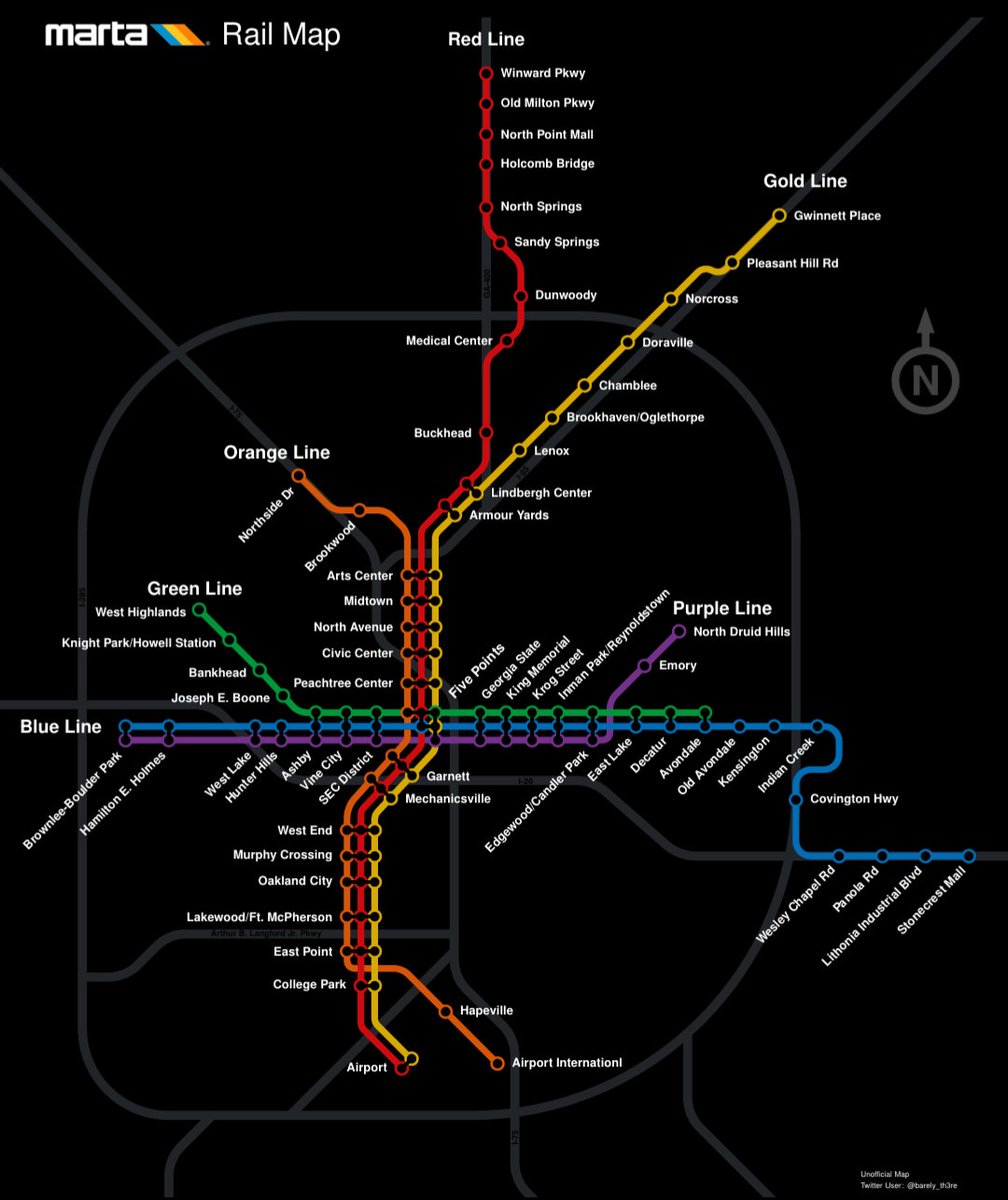 barely_th3re's tweet photo. full buildout of MARTA (+infill stations) based on the Rapid Transit Contract and Assistance Agreements and Amendments - which MARTA is theoretically legally obligated to abide to https://t.co/uiPO1LdFZF