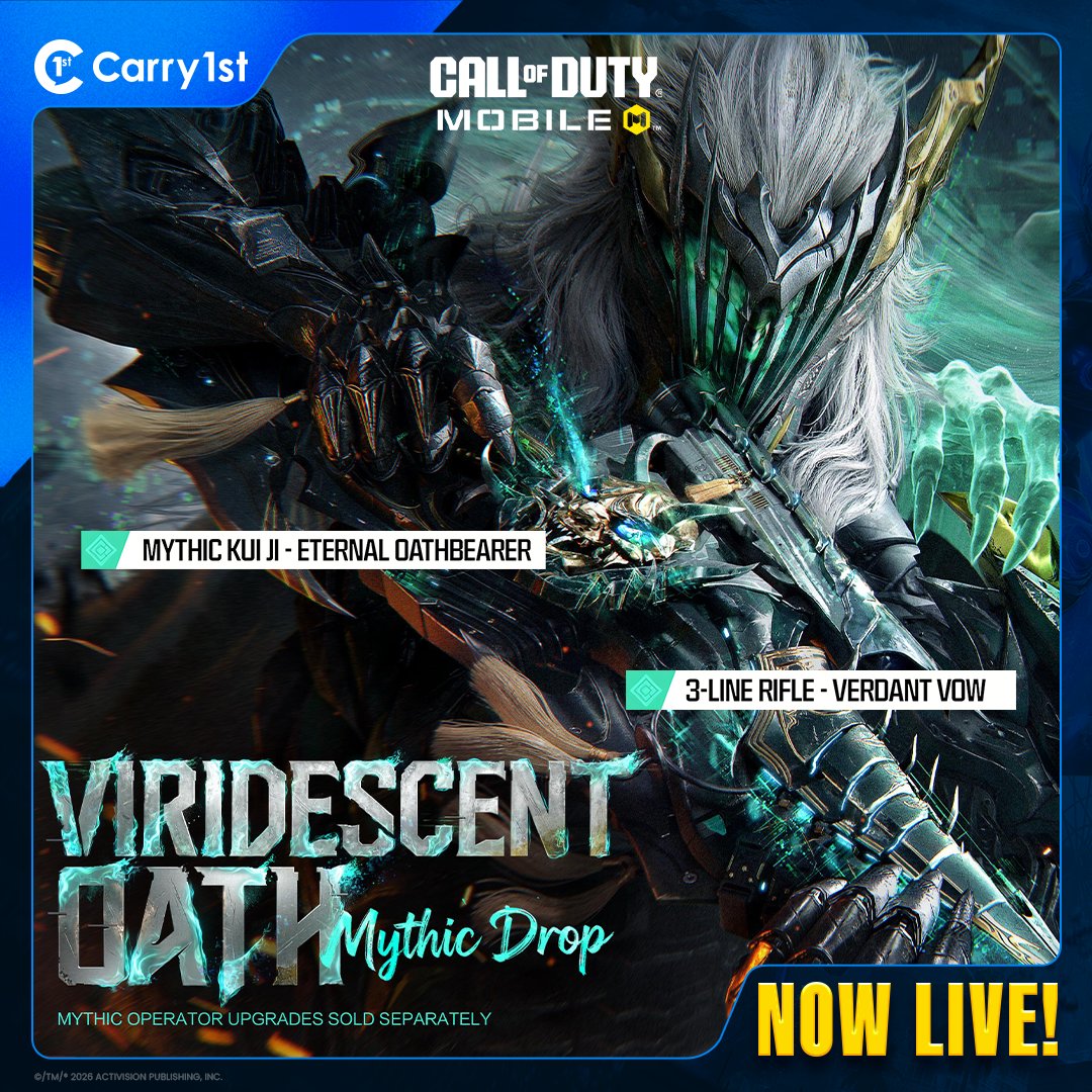 carry1st's tweet photo. 🟢 NEW MYTHIC: VIRIDESCENT OATH 🟢

Mythic Kui Ji is live. Top up COD Points on Carry1st and grab DOUBLE COD Points while it lasts 👇
https://t.co/BgiVcfOeXF

#CallOfDutyMobile #CODMobile #CODM https://t.co/myaHNE3W7S