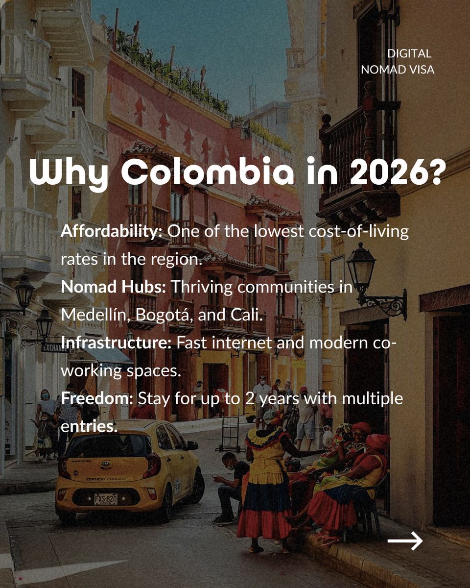 RemoteTribeLife's tweet photo. 🇨🇴 The Colombia Digital Nomad Visa is back and more accessible than ever for 2026.
Read more at https://t.co/8pUE2IkPQX 

#DigitalNomad #ColombiaTravel #RemoteWork #Medellin https://t.co/H5wszyElU7
