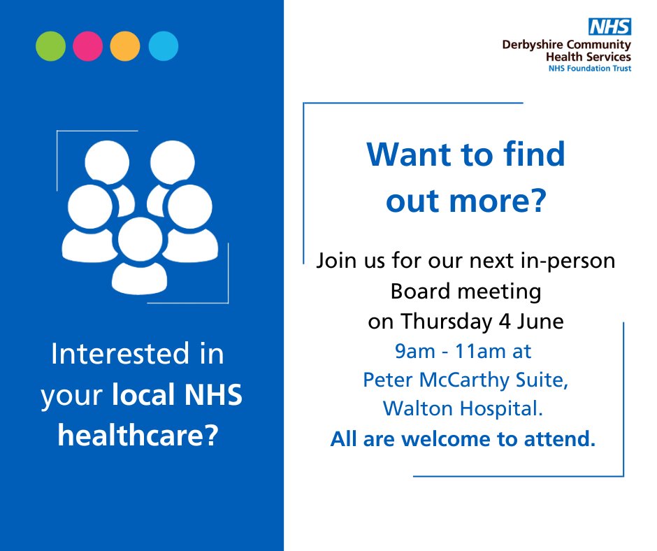 DCHStrust's tweet photo. Our next in-person DCHS public Trust Board meeting takes place on Thursday 4 June from 9am - 11am at Walton Hospital.

All are welcome to attend. Please submit any questions to melanie.curd@nhs.net.

Learn more here: https://t.co/W7mkCyXFjZ https://t.co/lfqF8YgExW