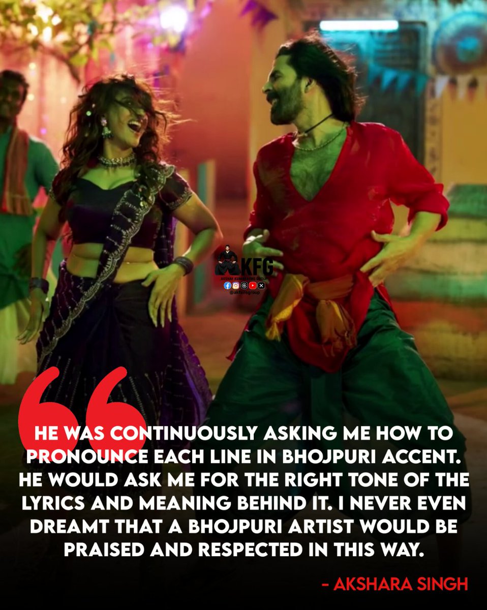 AKFansGroup's tweet photo. Akshara Singh has opened up about working with Akshay Kumar on Ghis Ghis Ghis from Welcome To The Jungle. She revealed that Akshay shot the song despite suffering from a 103-degree fever and showed no drop in energy. 

(1/2)
#AkshayKumar𓃵 #WelcomeToTheJungle https://t.co/Hv7V2NyBF6