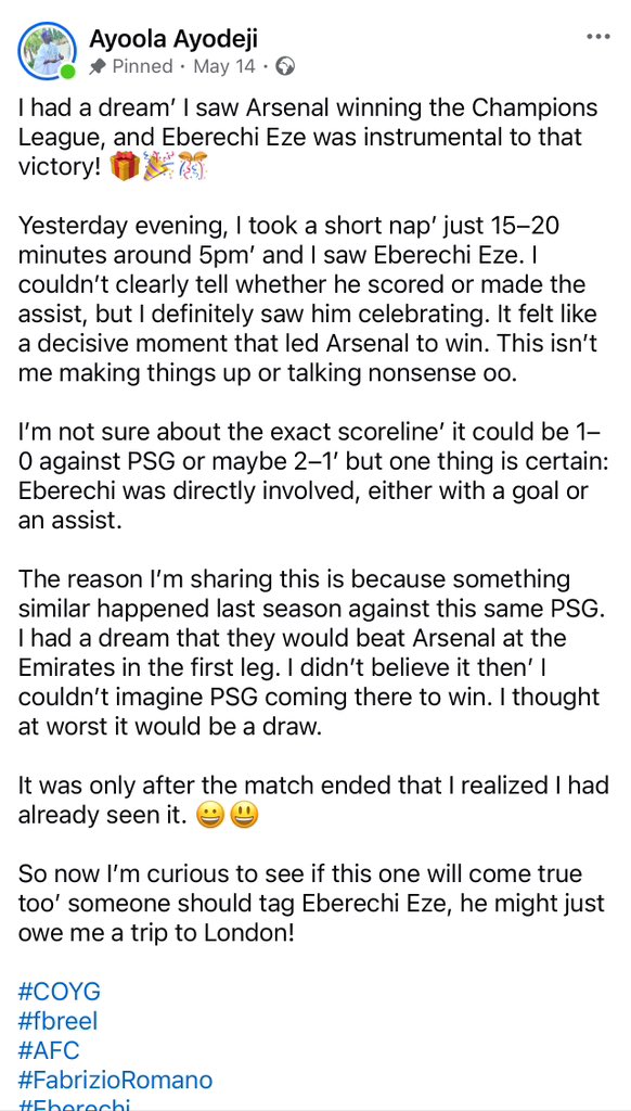 Dejavoe4real's tweet photo. @PolymarketFC @EduardoHagn On the 13th of this month, I took a nap and had a dream about what’s going to happen today in the UCL final 🏆

I saw Eberechi Eze stealing the spotlight’ either scoring or equalizing or delivering a decisive assist. one thing was clear… he played a key role in the success 🏅 https://t.co/41x2o4JM7V
