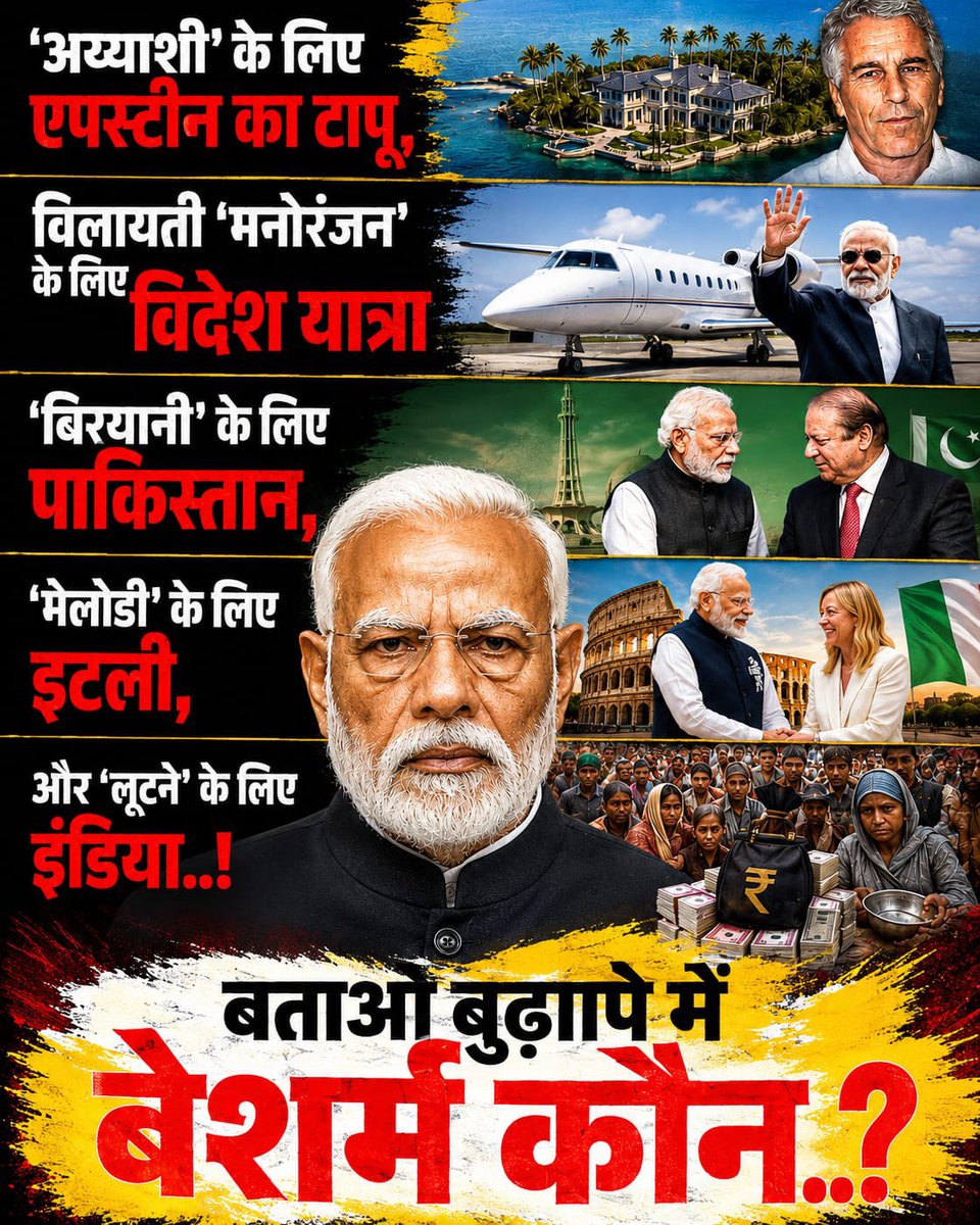 RJDforIndia's tweet photo. 'अय्याशी' के लिए एपस्टीन का टापू,
विलायती ‘मनोरंजन’ के लिए विदेश यात्रा 
'बिरयानी' के लिए पाकिस्तान
'मेलोडी' के लिए इटली
और 'लूटने' के लिए भारत..!

सड़े नारंगी छिलको, बताओ बुढ़ापे में बेशर्म कौन..? https://t.co/ClVIwM42eJ