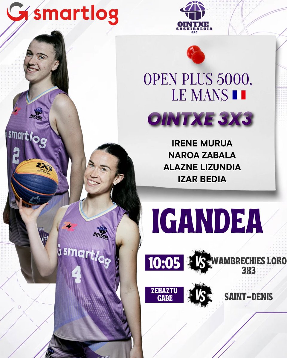 Ointxe's tweet photo. 🛩️ Le Manserako bidean 🇫🇷

👥 Irene Murua
👥 Naroa Zabala
👥 Alazne Lizundia
👥 Izar Bedia

⏰ 10:05
🆚 Wambrechies Loko 3x3

🆚 Saint-Denis (ordutegia zehazteke)

🎥 Zuzenekoa bihar.

💜 Aupa OINTXE!

#SmartlogOintxe3x3 #OintxeNortasuna #LeMans #3x3Basketball https://t.co/WX3numw30J