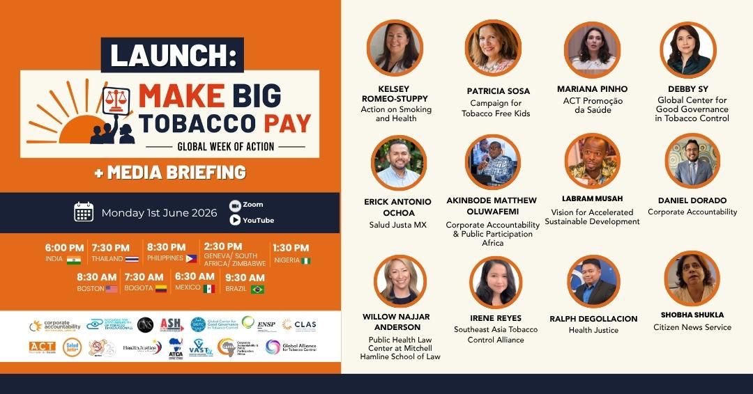 HealthJusticePH's tweet photo. Launch: #MakeBigTobaccoPay Global Week of Action + Media Briefing

June 1, 2026 | 8:30 AM Boston/NY time
Zoom + YouTube

Join advocates worldwide calling on governments to hold Big Tobacco accountable.

Register: https://t.co/5poCu5YGOJ

More information: https://t.co/pxKvzmaAOw https://t.co/uRMtjyTSI7