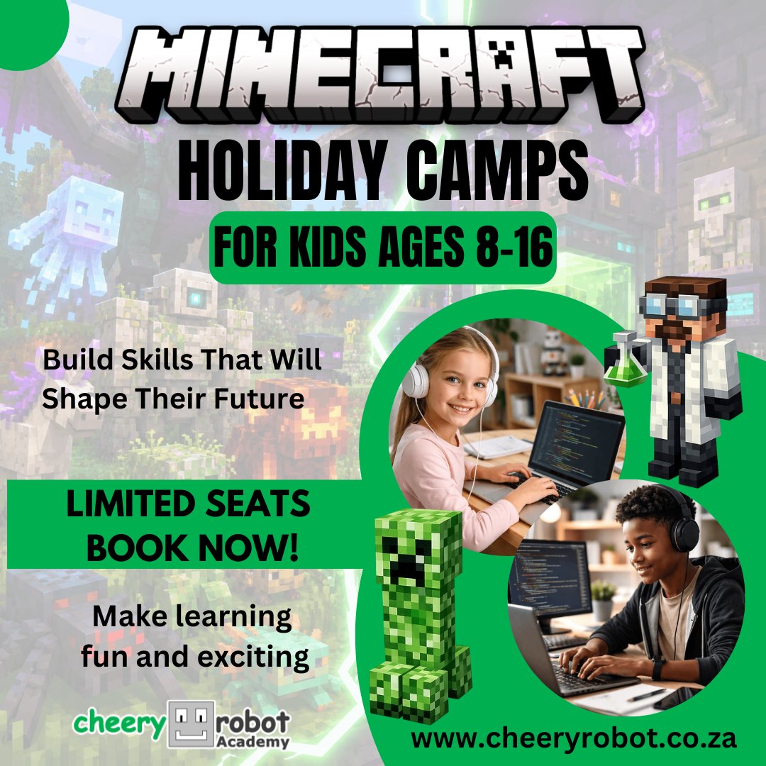 cheery_robot's tweet photo. ๐ฎ MINECRAFT HOLIDAY CAMPS โ only 10 seats each! ๐ฅ
๐ง Mobs & Creatures Camp โ 27 June | R690
๐งช Mad Scientist Camp โ 18 July | R690
Ages 8โ16 | Live online | Beginner-friendly | Cert included ๐
โก Book now!
https://t.co/utgMLQOm9M
#MinecraftCamp #KidsCoding #HolidayCamp https://t.co/9ymEXPSODC