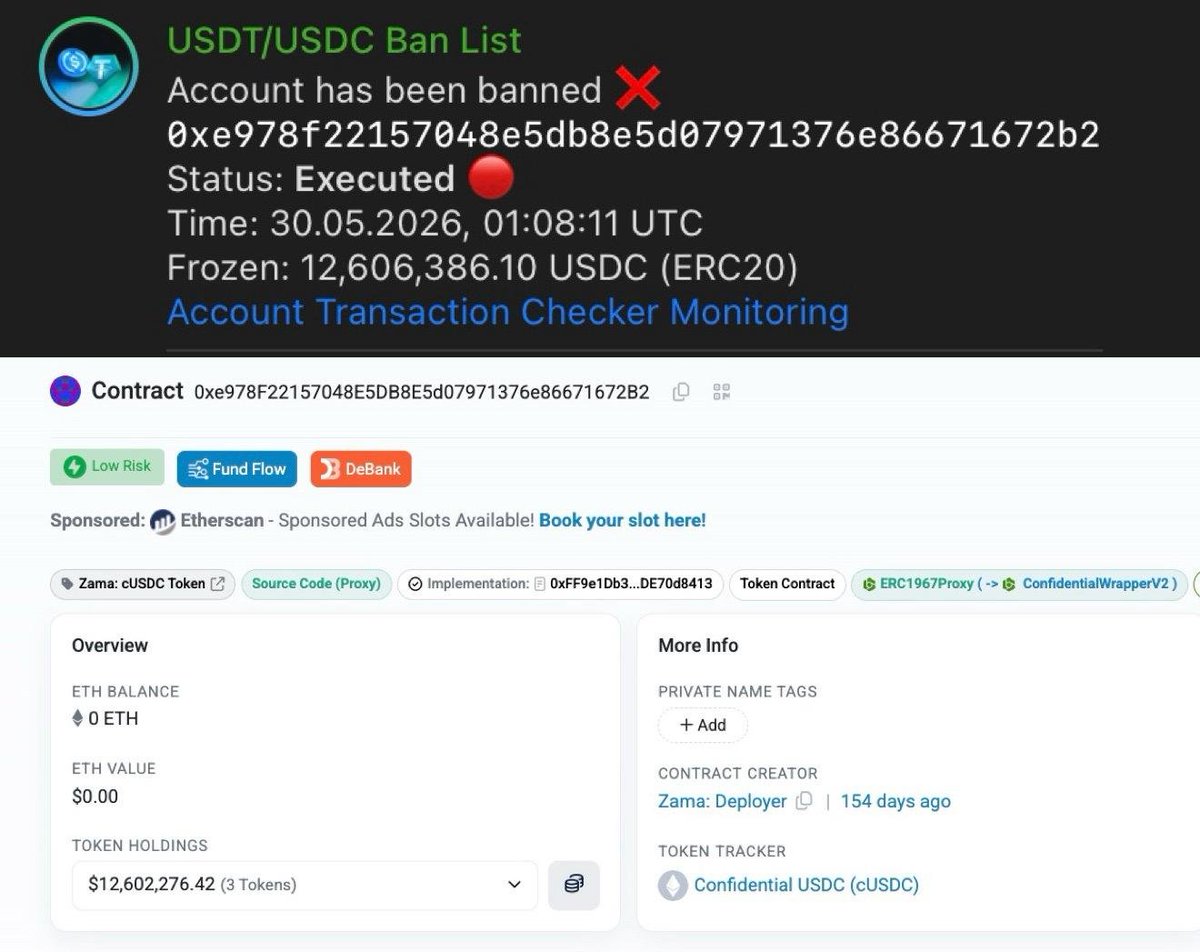 ProMint_X's tweet photo. What is wrong with Circle?

> Did not freeze Bybit funds
> Did not freeze Drift funds
> Did not freeze GMX funds
> Did not freeze Nomad Bridge funds

But they blocked the funds of Zama, a privacy protocol that was just doing its job.

What is the logic?