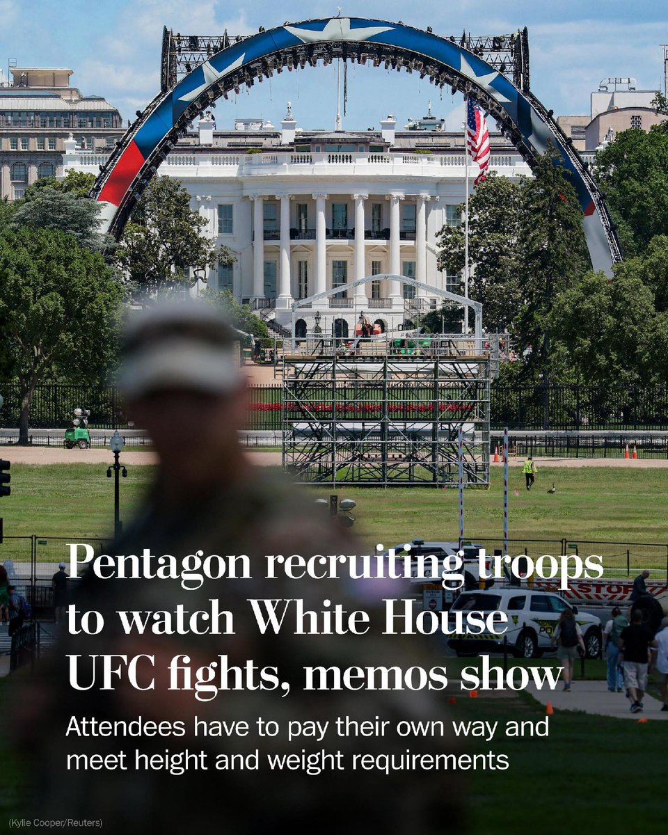 washingtonpost's tweet photo. The Pentagon is recruiting troops to appear as spectators at President Trump’s UFC event at the White House.

Internal messages stipulate that military personnel must pay for their travel and meet strict physical requirements to be eligible. https://t.co/zOSM2ac8Kk https://t.co/12GD5rwlas