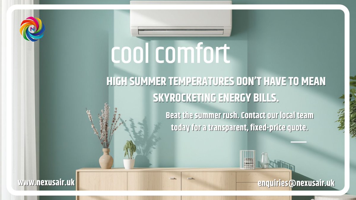 CalliopeServ's tweet photo. High summer temps don’t mean skyrocketing energy bills. 💸

Enjoy zoned climate control for pennies a day with top-tier, A+++ rated AC systems from Daikin, Mitsubishi, &amp; LG.

Get your fixed-price quote:
🌐 https://t.co/Hom8iYKqQw
📧 enquiries@nexusair.uk

#EnergyEfficiency https://t.co/gFQJPslAEU