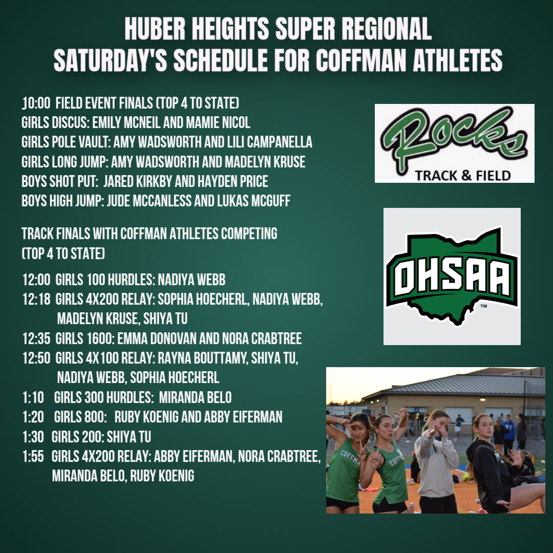 DCHS_TFXC's tweet photo. Today’s regional finals schedule and Coffman athletes competing #GoRocks☘️ https://t.co/waWv0UV8f9