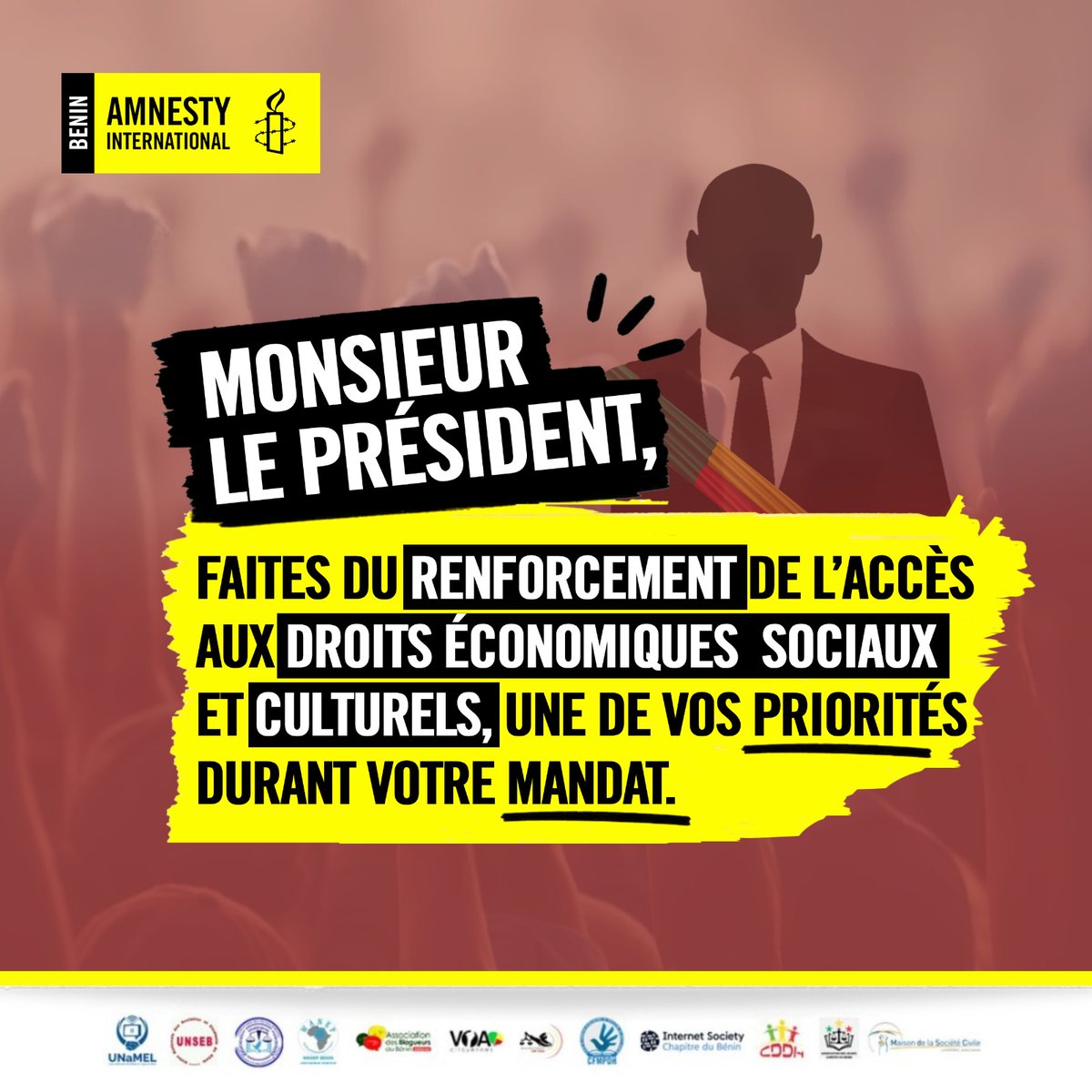 amnestybenin's tweet photo. #Bénin

Monsieur le Président @WadagniRomuald faites du renforcement de l’accès aux droits économiques sociaux et culturels, une de vos priorités durant votre mandat. 

#DroitsHumainsBenin https://t.co/FUNst8EUc8