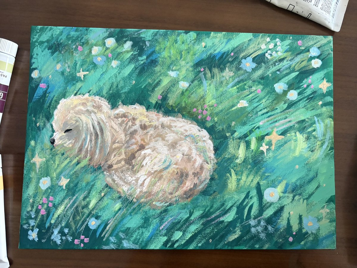 アクリル絵の具で愛犬を描きました?
