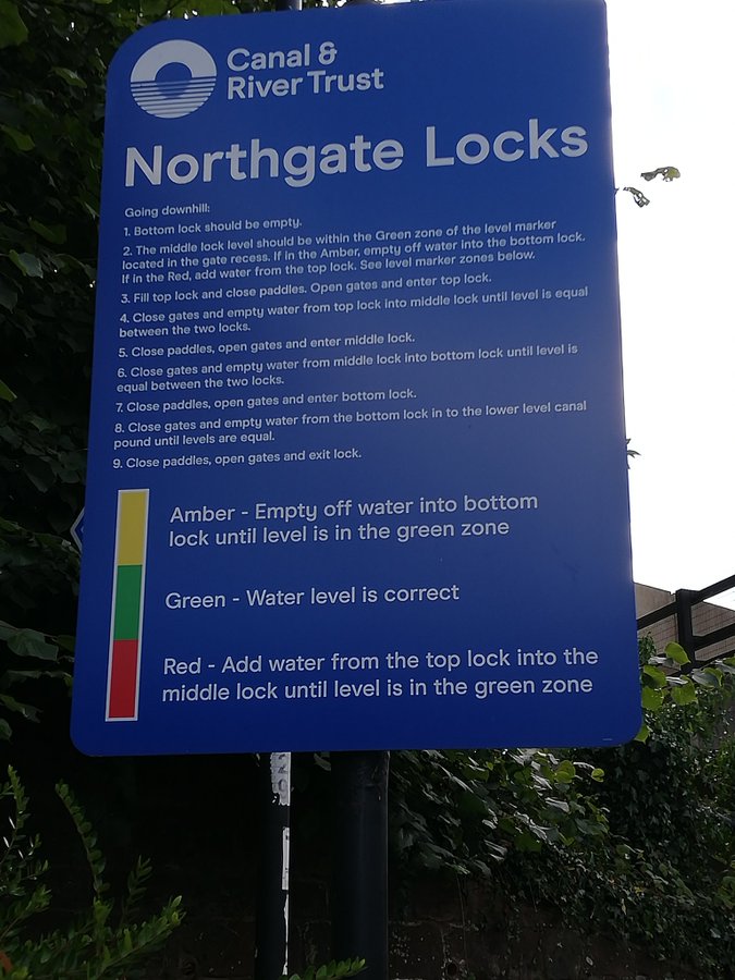 NorthgateLocks's tweet photo. We do not have any lock keepers on duty today. These are the instructions for going through the locks . The third one is the marker in the middle lock when you are going down. 
@NorthgateLocks
#Chester
@CRTBoating
@CRTNorthWest https://t.co/4WzprPFKAG