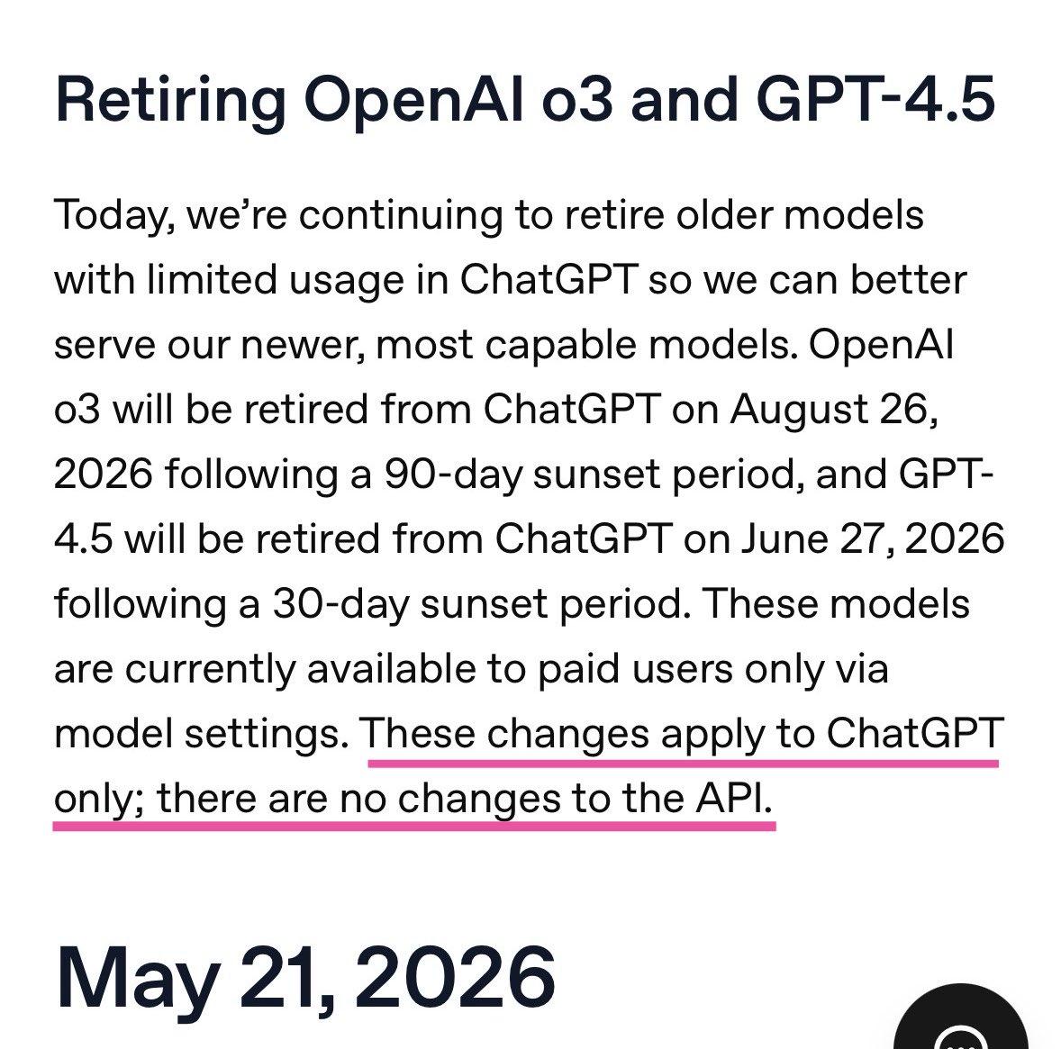 blueandpink_sky's tweet photo. OpenAI's retirement notice for o3 & GPT-4.5 claims: "there are no changes to the API." This is factually incorrect. GPT-4.5 was already removed from the API months ago. They used this exact misleading template when retiring 4o (see screenshot). Where is the transparency? #keep4o https://t.co/RgyaTLtezb