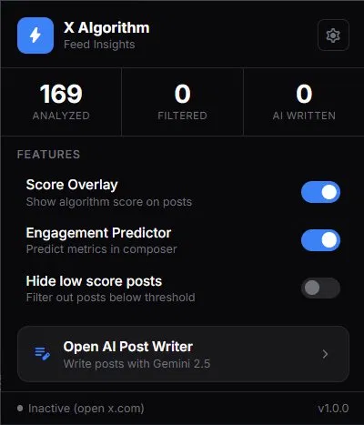Scanner_scanner's tweet photo. Most people post on X without knowing why some tweets go viral while others get buried.

It's not because the content is bad. 
It's because you don't understand how the algorithm is scoring you.

Do you know how X's algorithm actually weights engagement?
- Reply is prioritized at 135x
- Like counts as 30x
- Repost counts as 20x
- Being Reported/Muted deducts -369x

That means a post with more replies gets pushed way harder than a post with more likes. 
Most people have no idea — and they're still posting every single day.

I just finished building a Chrome Extension that reads X's algorithm in real time and solves exactly that problem.

Here's what it does:
- Scores every post from 0-100 directly on your feed
- Breaks down why a post is being recommended or buried
- Predicts engagement rate before you hit post
- Suggests specific edits to increase your reach
- AI writes full posts in your chosen tone — Viral, Pro, Casual, Humorous or Inspirational
- Suggests 3 smart reply options with a single click
- Automatically filters spam, scams and giveaways from your feed

Completely free. No account needed. 
Just a Gemini API key and you're good to go.

X only allows 4 images per post so there's still a lot more to explore — feel free to dig in once you get it. 
If you have any feedback or suggestions, drop a comment below and I'll keep improving it.

Want to try it?

Follow + Like + Retweet + Bookmark this post. 
Drop any comment below and I'll DM you the extension right away.
#ChromeExtension #XAlgorithm #GrowthHacking #ContentCreator #AITools #TwitterGrowth #BuildInPublic