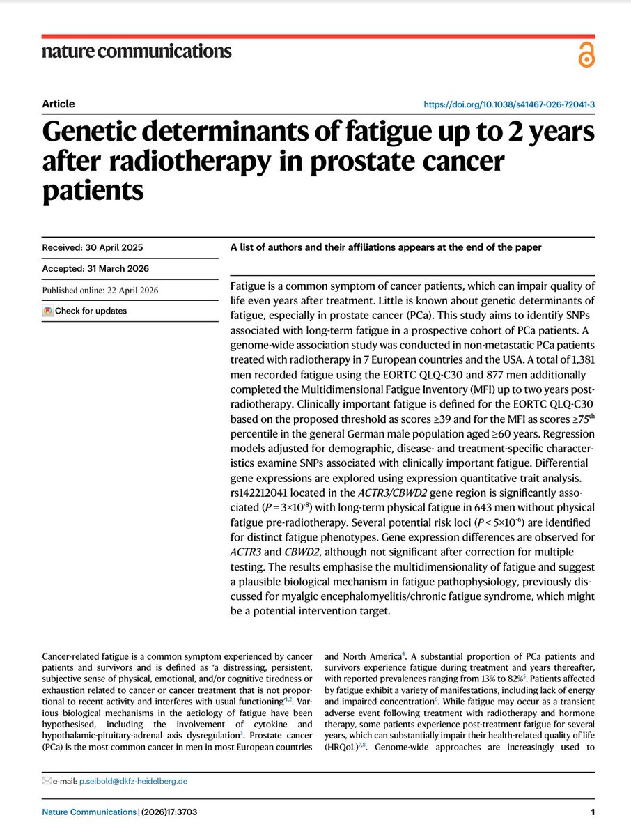 CancerGenetica's tweet photo. 🧬 Our group contributed to a new study published in @NatureComms investigating the genetic determinants of long-term fatigue after #radiotherapy in #prostate #cancer patients.
👇
https://t.co/BGlRnsSEBr https://t.co/b5QQI1vzBd