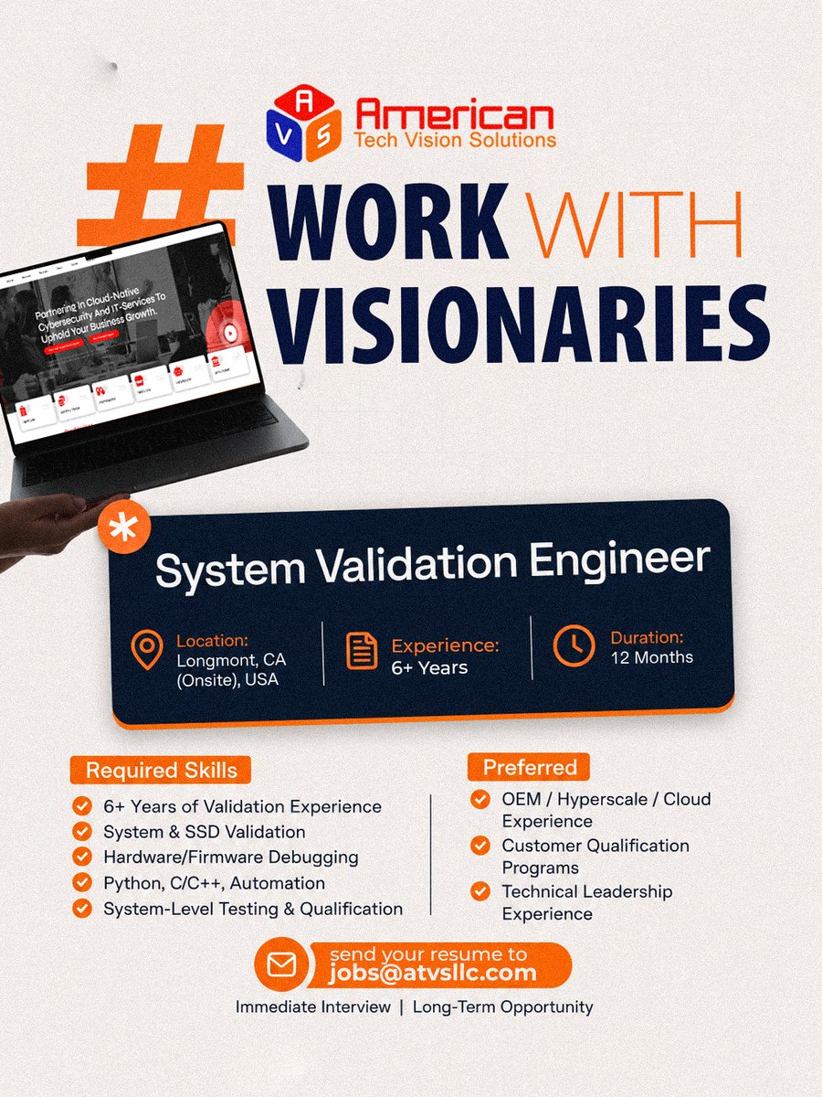 TechAtvs's tweet photo. 🚀 Hiring: System Validation Engineer

📍 Longmont, CA (Onsite), USA
💼 6+ Years Experience
📅 12-Month Contract
Skills: System &amp; SSD Validation, Hardware/Firmware Debugging, Python, C/C++, Automation &amp; System-Level Testing.
📧 Apply: jobs@atvsllc.com

#Hiring #ValidationEngineer https://t.co/TM2NC2qCaG