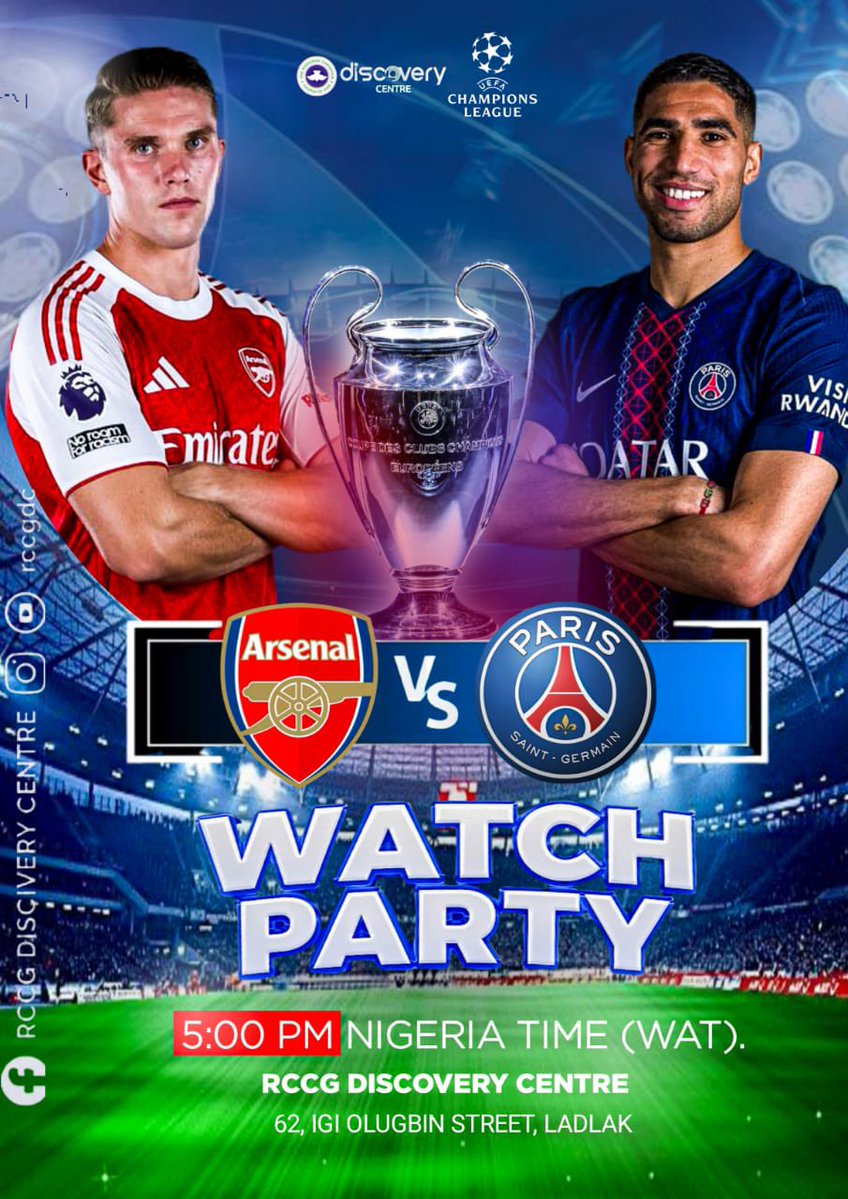 RCCGDC's tweet photo. The stage is set. The lights are on. The battle begins!

Join us at RCCG Discovery Centre for an unforgettable UEFA Champions League Watch Party.

What better way to enjoy football than watching with friends?🌚

It’s going to be an electric atmosphere on the big screen. https://t.co/eHKeymuL4l