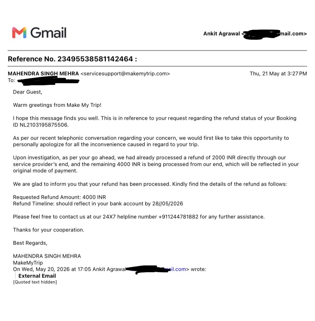 instaankit's tweet photo. @makemytripcare I had received the refund details on May 21 and I was told that amount will be processed by May 28. However, it is still not processed and service team is not sharing transaction id which I had requested multiple times. https://t.co/exE4z4gYHJ