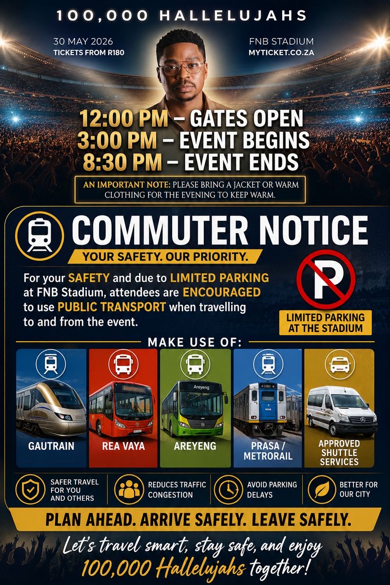 DrTumi_'s tweet photo. THE DAY IS FINALLY HERE, FAMILY! 
Your Hallelujah WILL be counted — and we’re making sure NOTHING stands in your way! Check out all the transport options available to you and let’s fill that place UP!
Share this so no one gets left behind. See you there! #100000Hallelujah https://t.co/KmCZsmcgqB
