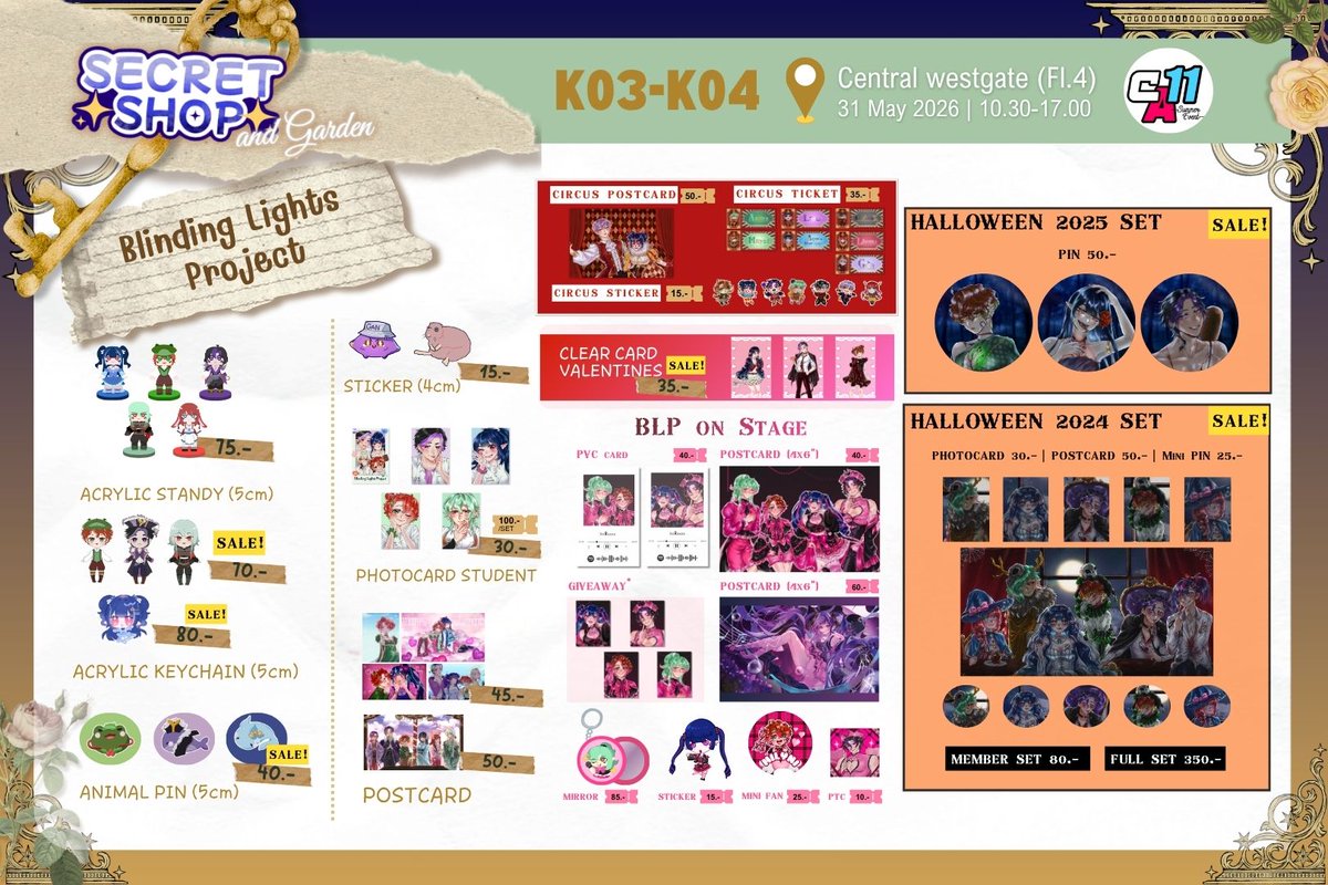 blindinglightsv's tweet photo. 💐 มาแล้ว! ใบเมนูของ BLP | K03-04 🗝️  

มีสินค้ามากมายให้ทุกท่านได้เลือก นอกจากนี้ยังมีสินค้าพิเศษและกิจกรรมพิเศษอีกด้วย ติดตามชมได้เลย
• — — — • — — — •
#CA11_SUN #ComicAvenue #CA11
📆  31 May 2026 
📍 Central Westgate | FL.4
🎫 150.-
• — — • — — •
#BlindingLightsProject https://t.co/9FRpROp8aM