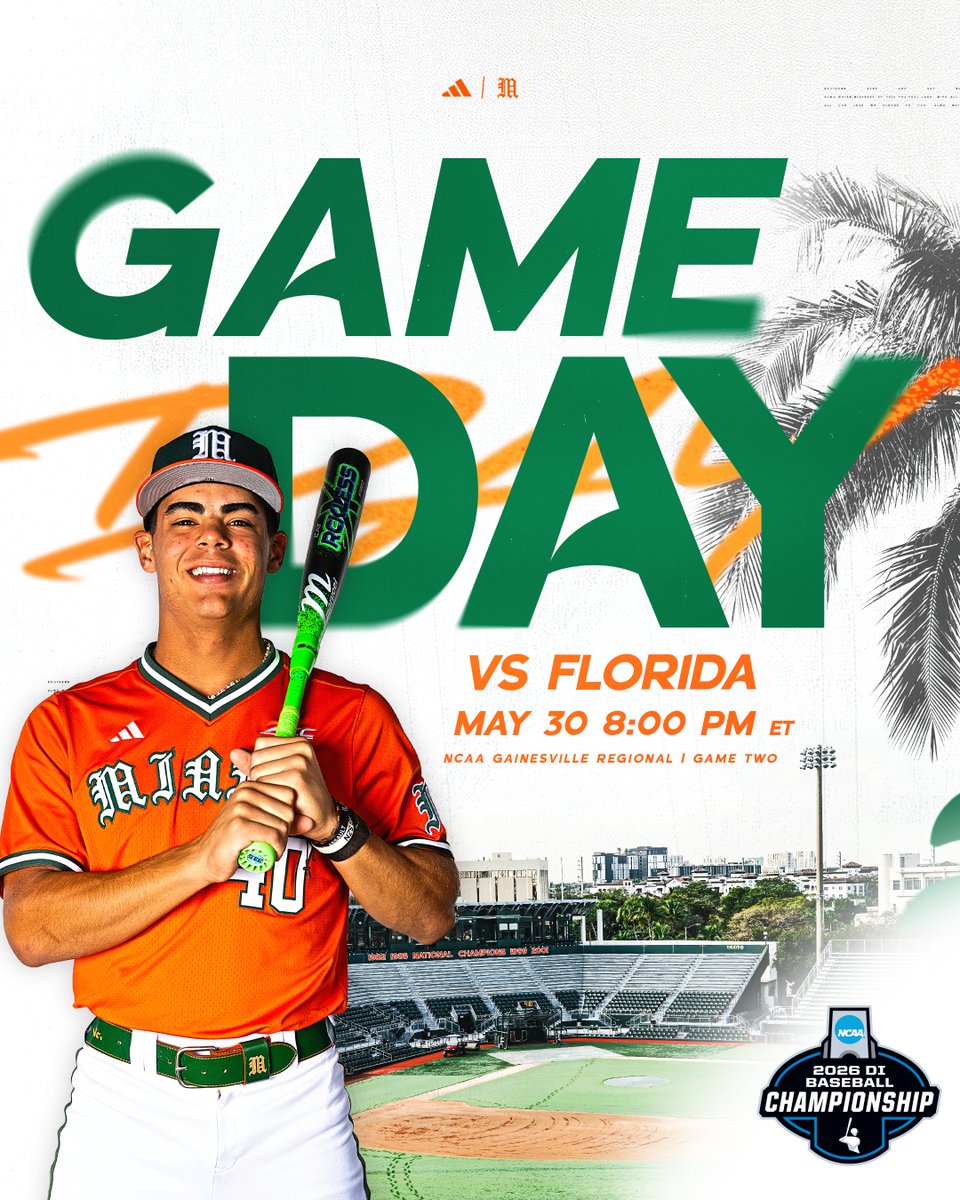 CanesBaseball's tweet photo. Canes vs Gators on the regional stage 🙌

🆚: Florida
📍: Gainesville, FL
⏰: 8 PM ET
📺: @accnetwork 
📻: @WVUMSports
🔗: https://t.co/4GUFEYXsXT https://t.co/FBiXqDAfvN