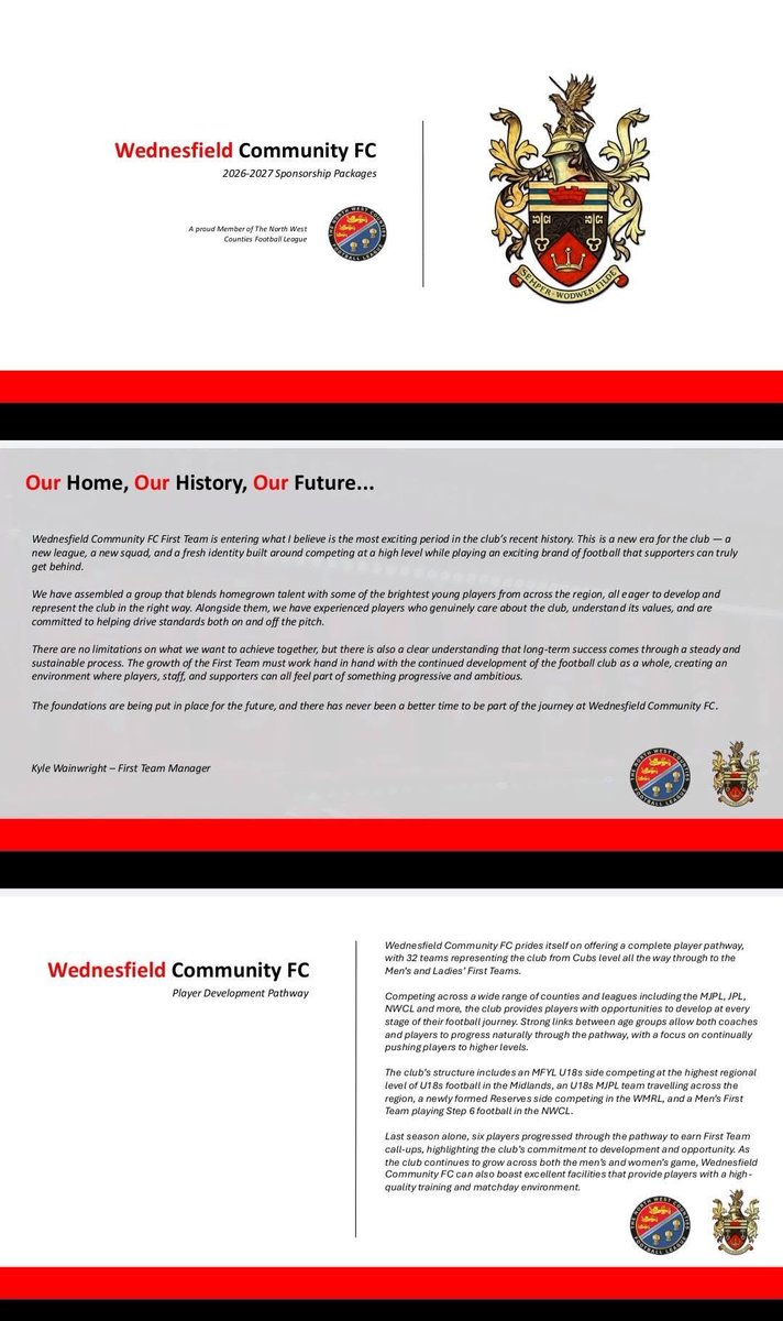 WednesfieldCFC's tweet photo. Be Part of the Next Chapter at Wednesfield Community FC 

The 2026/27 season marks an exciting new era for the club, and we're looking for local businesses and supporters to join us on the journey!

From stadium advertising and kit sponsorships to social media and player sponsorship opportunities, there are packages to suit all budgets while helping support football from grassroots to senior level.

📈 Promote your brand
🤝 Support your local community club
⚽ Be part of something ambitious

Interested? Get in touch today and let's grow together! #WednesfieldCommunityFC #LocalBusiness #FootballSponsorship #CommunityFootball