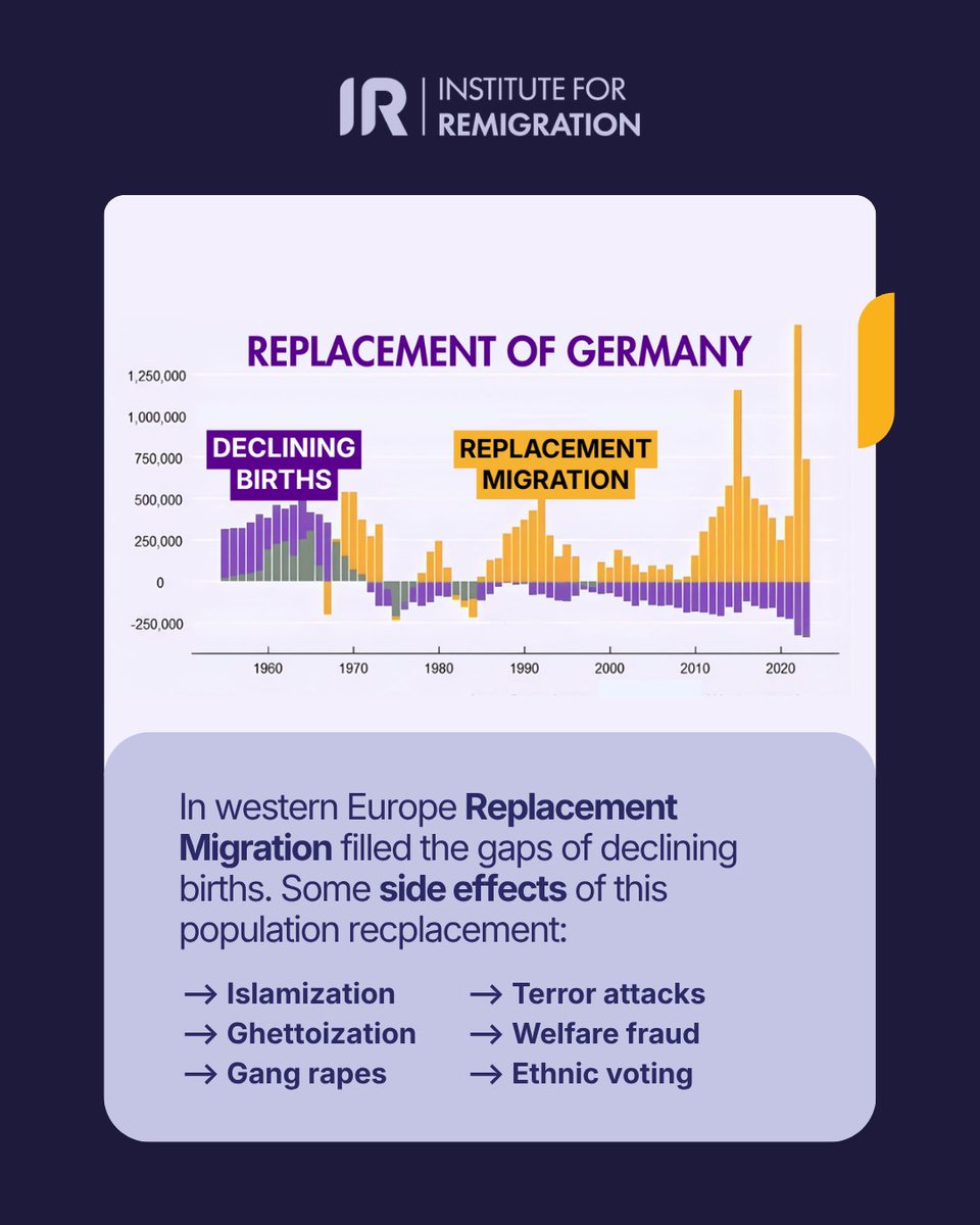 remigrationinst's tweet photo. If you are reading this, you are part of a decisive generation. In our lifetime, the survival of European cultures will be decided. We did not choose this responsibility. But we have no choice. It is our destiny. And time is running out. In a few decades, Western Europe has been over-foreignized and Islamized. 

Replacement migration filled the gaps of the birth rate decline. These are the side effects of the population exchange: