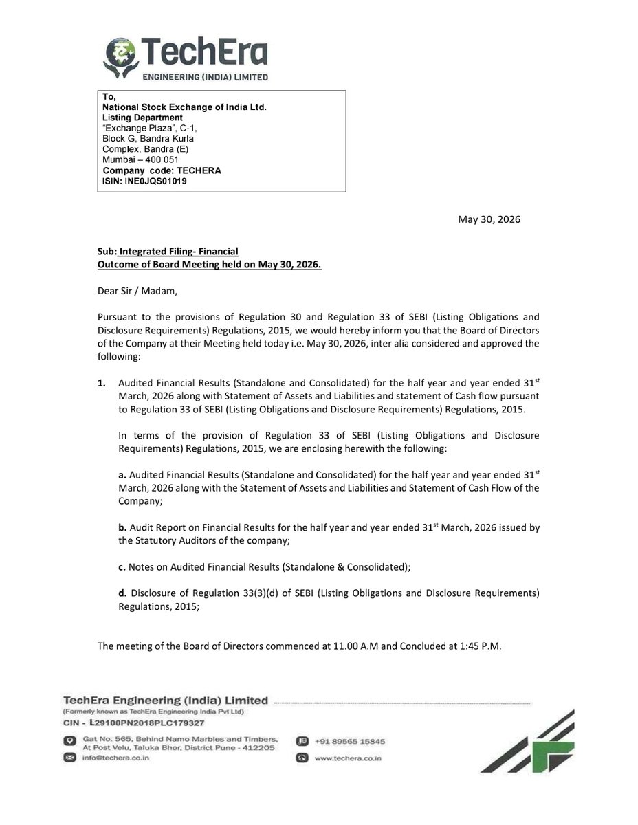 nileshkurhade's tweet photo. 📌 TechEra Engineering (India) Limited informed the exchange about its approval for the financial results for the period ended March 31, 2026. #SME #TECHERA 📄🧾 https://t.co/u9ISUWPzhw