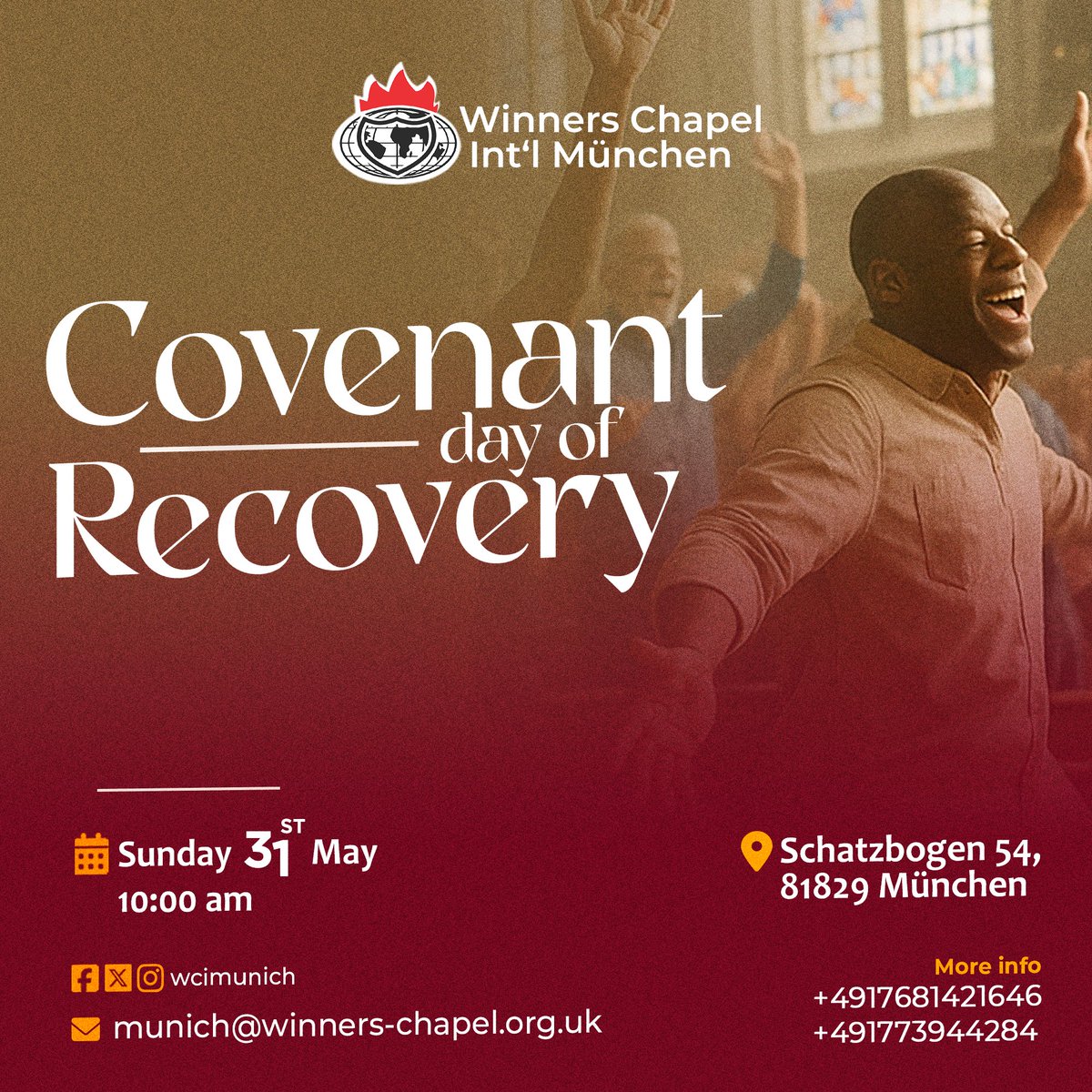 wcimunich's tweet photo. What was lost shall be restored. What was delayed shall be recovered. What seemed impossible shall become your testimony!

Join us TOMORROW SUNDAY for a life-transforming encounter with Jesus Christ at our Covenant Day of Recovery.

#CovenantDayOfRecovery
#YearOfOpenDoors https://t.co/9QKCNQh8sa