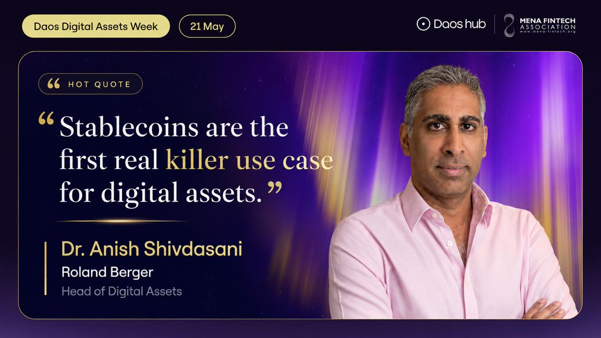 Daoshub's tweet photo. "Stablecoins are the first real killer use case for digital assets."

Dr. Anish Shivdasani, Head of Digital Assets at Roland Berger, cutting straight to the actual utility driving the market forward at Daos Digital Assets Week. 🪙 https://t.co/kDaCU5iZhl