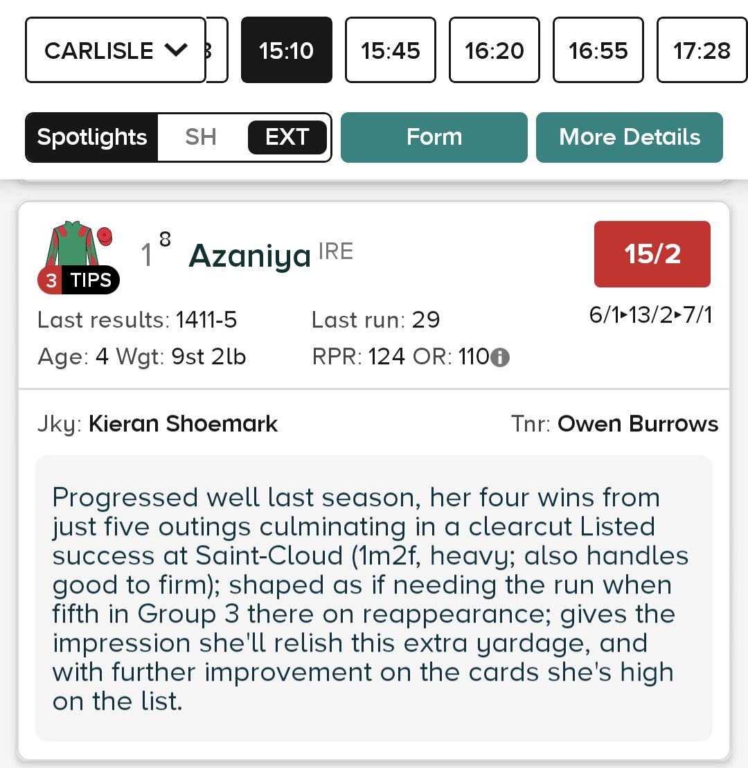 TomRodgers0's tweet photo. 15:10 Carlisle - Azaniya 15/2

Azaniya has been very progressive and ended last season with a good win in France. 

5th on reappearance, should come on for that and step up in trip should suit really well too. 

1pt E/W (2pts total) 3pl https://t.co/7wvwfERsWW