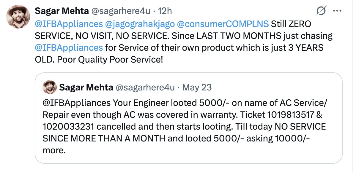 sagarhere4u's tweet photo. @IFBAppliances
IFB AC NOT WORKING AFTER 3 YEARS OF PURCHASE
2804: 1019813517 - Closed by Eng. after looting 5000
2205: 1020033231 - Tkt Close by SVC Team. No Visit/Call
2905: New Tkt 1020110961 #ZEROWORK
#IFBAppliances #IFBFastCool #BeatTheHeat #AirConditioner #SetYourselfFree https://t.co/V7NvBAryWi