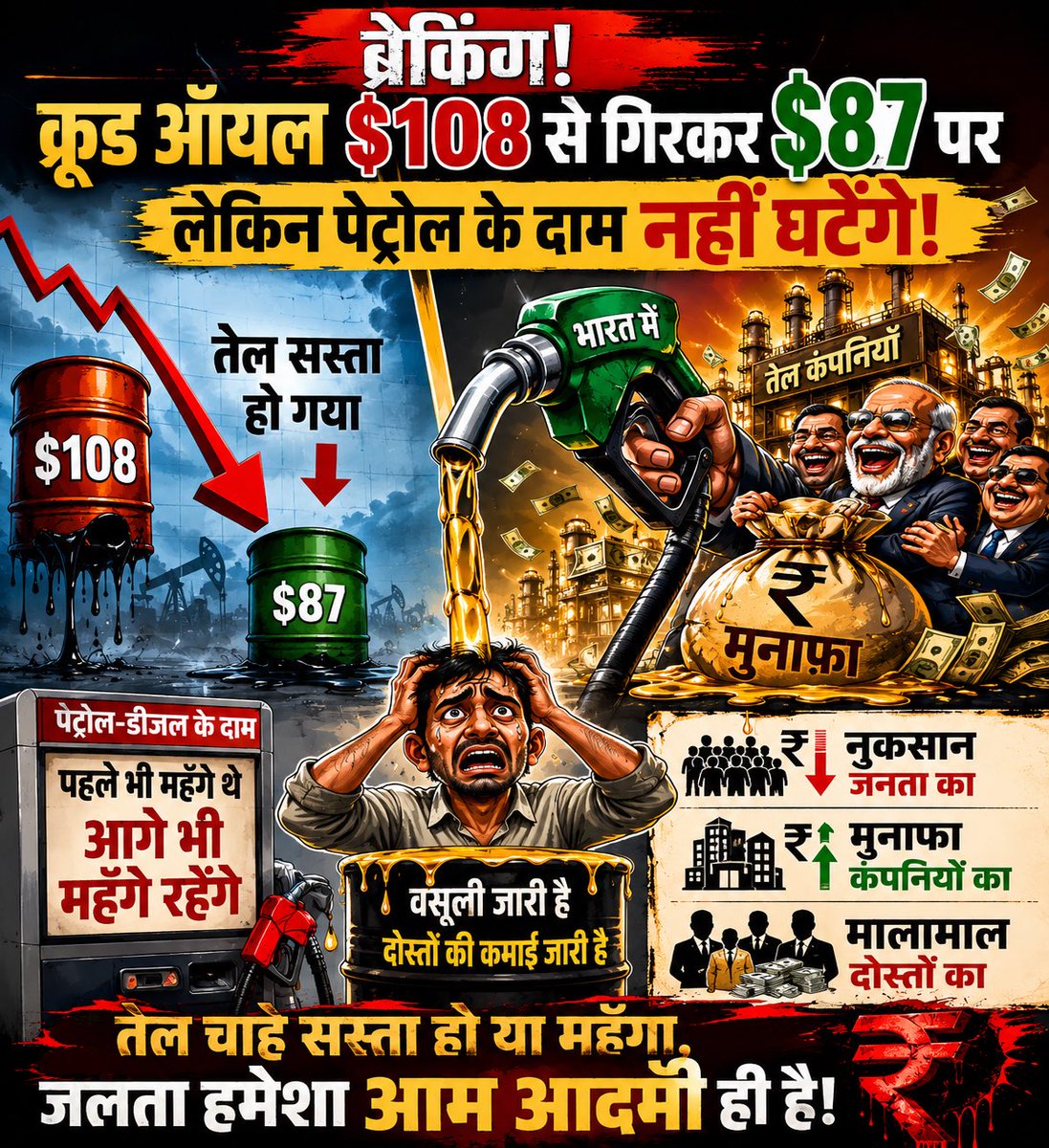 JmmJharkhand's tweet photo. कच्चा तेल $108 से गिरकर $87 प्रति बैरल पर आ गया।

लेकिन पेट्रोल सस्ता होने की उम्मीद मत कीजिए।

क्योंकि यहाँ दाम बाज़ार नहीं,
सरकार की मर्ज़ी तय करती है।

तेल महँगा हो तो जनता लुटे।

क्योंकि असली खेल तेल का नहीं,
वसूली का है।

दाम बढ़ाने के सौ कारण मिल जाते हैं,
घटाने का एक भी नहीं।

जनता सिर्फ़ ATM है,
जिससे निकासी कभी बंद नहीं होती।