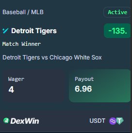 Web3Diva99's tweet photo. Heavy MLB value found on @DexWin_Sports ⚾ Detroit Tigers outclassing the Chicago White Sox today. Wagered 4 $USDT for a sweet 6.96 $USDT payout. Exploring the sharpest Betting Lines Today for maximum returns. Let us go! https://t.co/YYQn7U5baQ