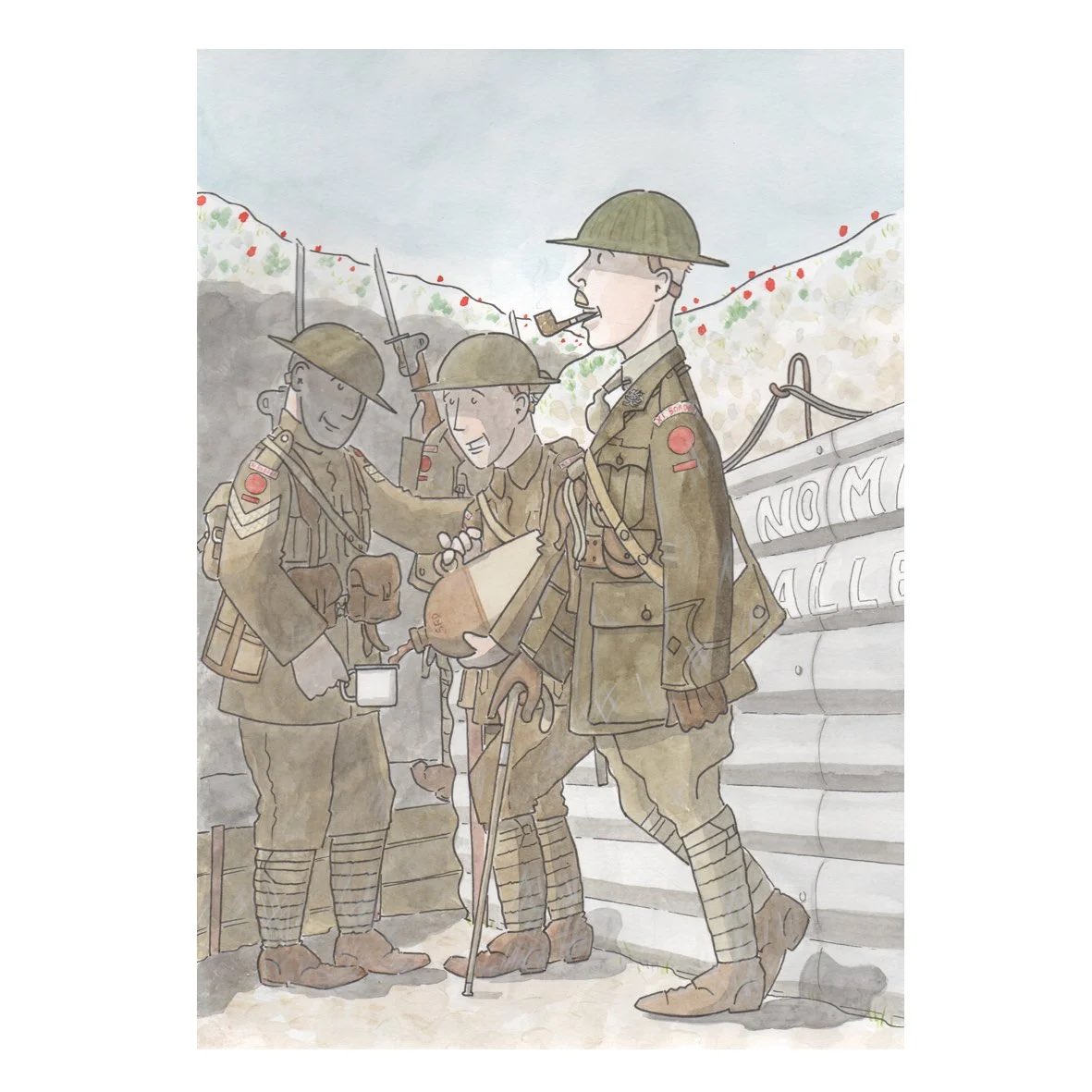 TJGodden's tweet photo. A TOT FOR THE LADS

In the early Summer of 1916, somewhere in France, a young subaltern of 11/Borders, the Lonsdale battalion, oversees the rum ration being distributed to his men.

#ww1 #Somme110 #illustration https://t.co/AKLJbz33d3