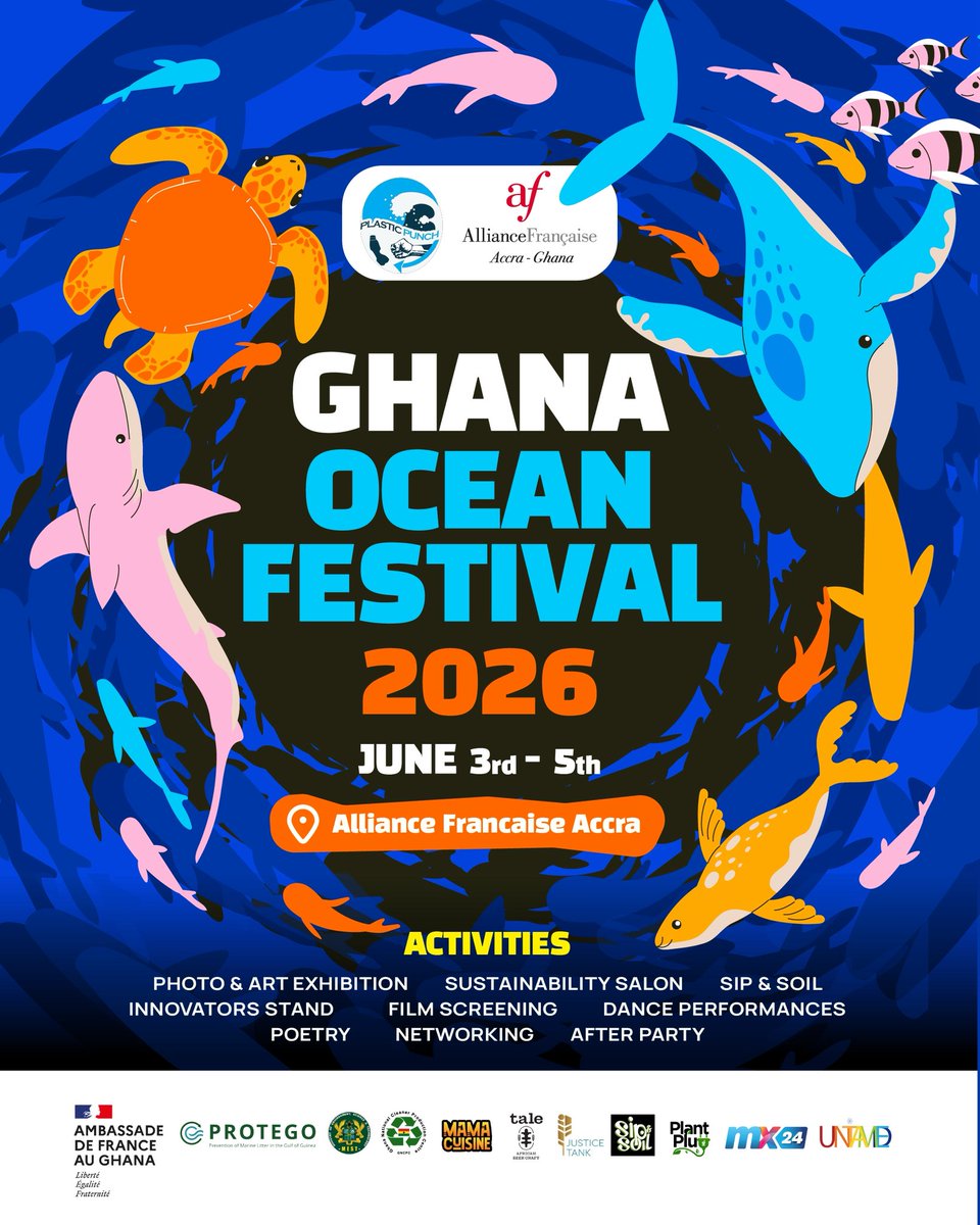 AF_Accra's tweet photo. The Ghana Ocean Festival 2026

How do we protect our blue economy and address the environmental challenges facing our communities?

From June 3–5 at Alliance Française Accra, the Ghana Ocean Festival 2026 will bring together students, artists, activists, innovators, and others https://t.co/YJPtHjOTl0