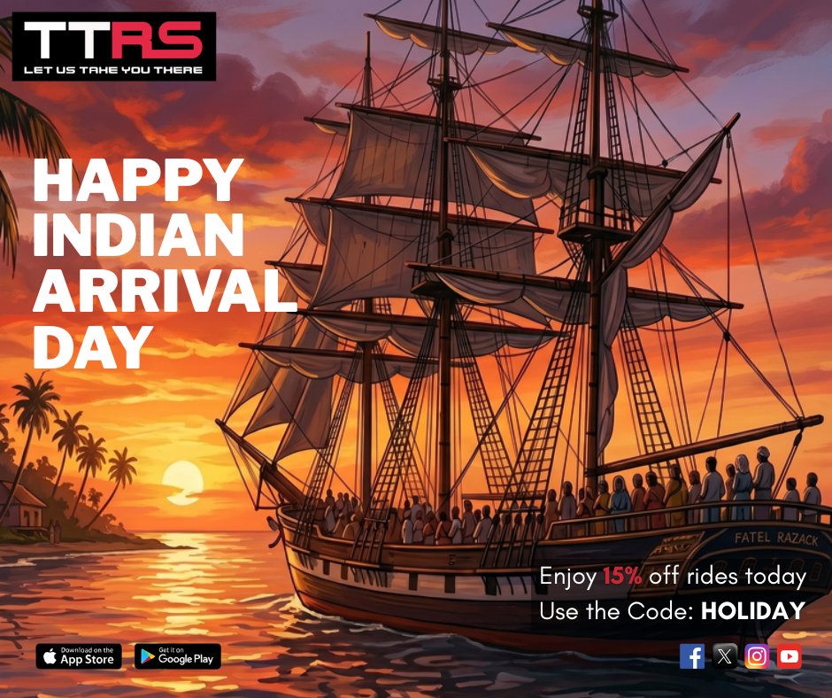 ttrideshare_'s tweet photo. Happy Indian Arrival Day, Trinidad and Tobago! 🇹🇹 

Celebrate our rich heritage with a 15% discount on all rides! 🚗 
Use code HOLIDAY. Valid from May 30th, 8 AM to May 30th, 2026, 8 PM. 
#IndianArrivalDay #TrinidadAndTobago #CelebrateDiversity #UnityInDiversity #RideWithUs https://t.co/i1Y3cXA7Aa