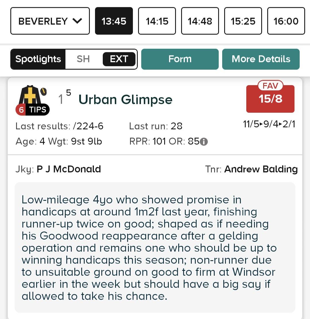 TomRodgers0's tweet photo. 13:45 Beverley - Urban Glimpse 15/8

Think this is a great opportunity for Urban Glimpse today. Has some really strong form from last year and if the ground isn't an issue, he should be tough to beat. 

This represents a drop in grade and I can't see past him here.

2pt win. https://t.co/LDkVvpG1dN