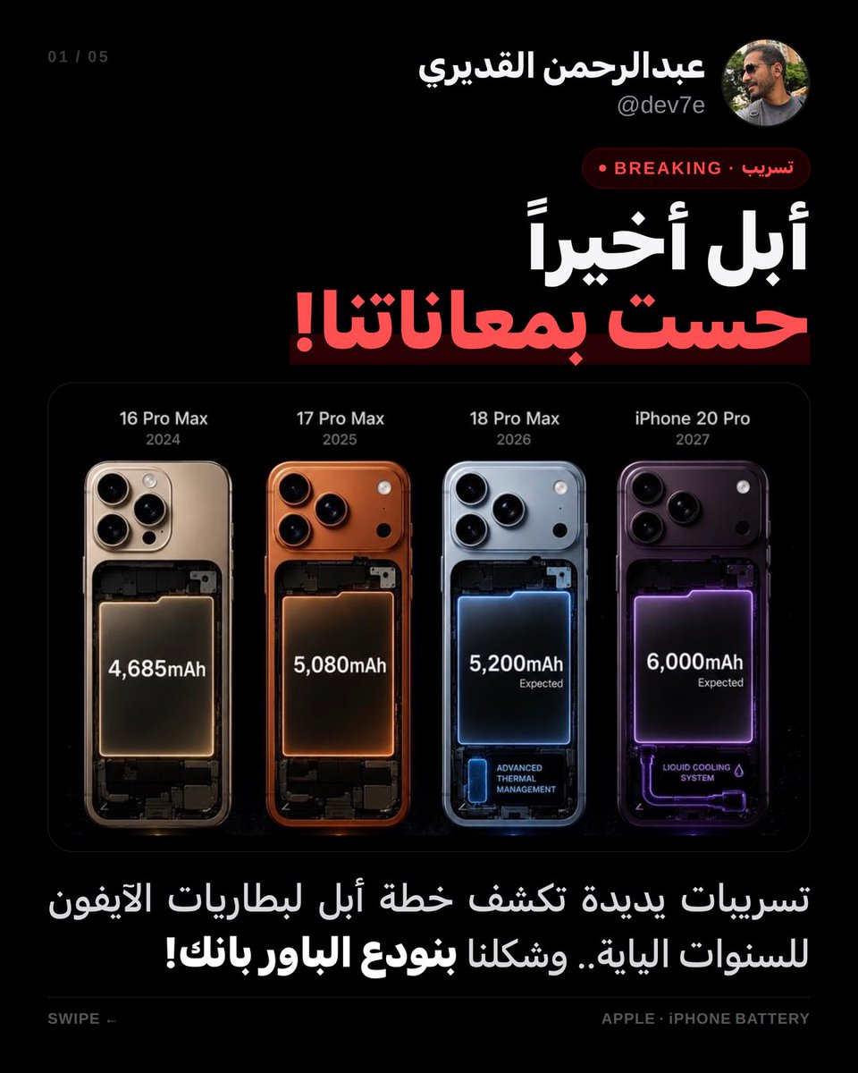 dev7e's tweet photo. تسريبات مجنونة! 🤯 أبل تخطط توصل بطارية آيفون 20 برو لـ 6,000mAh مع نظام تبريد مائي (Liquid-Cooling) 📱💧.. يعني توديع رسمي للباور بانك وشحن يصمد براحة!
سؤال: تسوى النطرة عشان هالبطارية الجبارة، ولا مستحيل تصبر لي 2027؟ 👇
#ايفون #ابل https://t.co/73U5kbvGiM