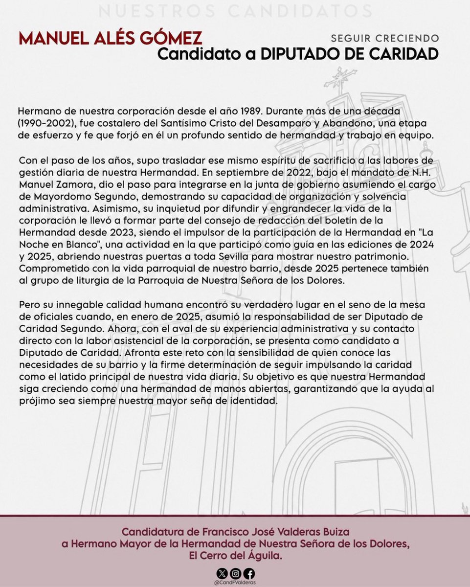 CandFValderas's tweet photo. CONOCE A NUESTROS CANDIDATOS

👉🏼 Manuel Alés Gómez, candidato a DIPUTADO DE CARIDAD.

SEGUIR CRECIENDO https://t.co/S99RDLEHIj