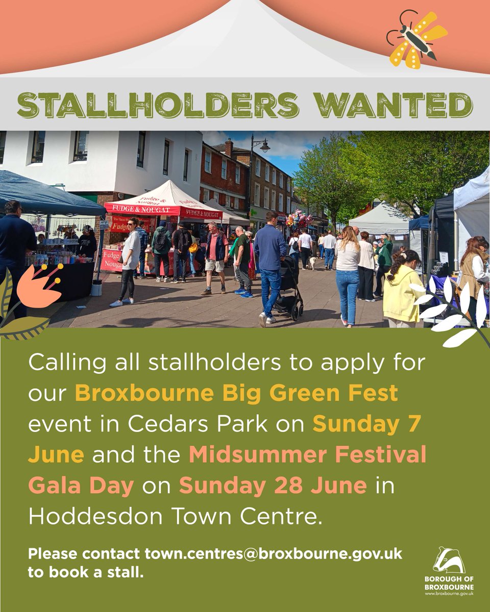 BroxbourneBC's tweet photo. Calling all stallholders 📣

Apply for a stall at the Broxbourne Big Green Fest at Cedars Park on Sunday 7 June, or the Midsummer Festival Gala Day in Hoddesdon Town Centre on Sunday 28 June.

Please contact town.centres@broxbourne.gov.uk to book a stall. https://t.co/WkIuAGRqzH