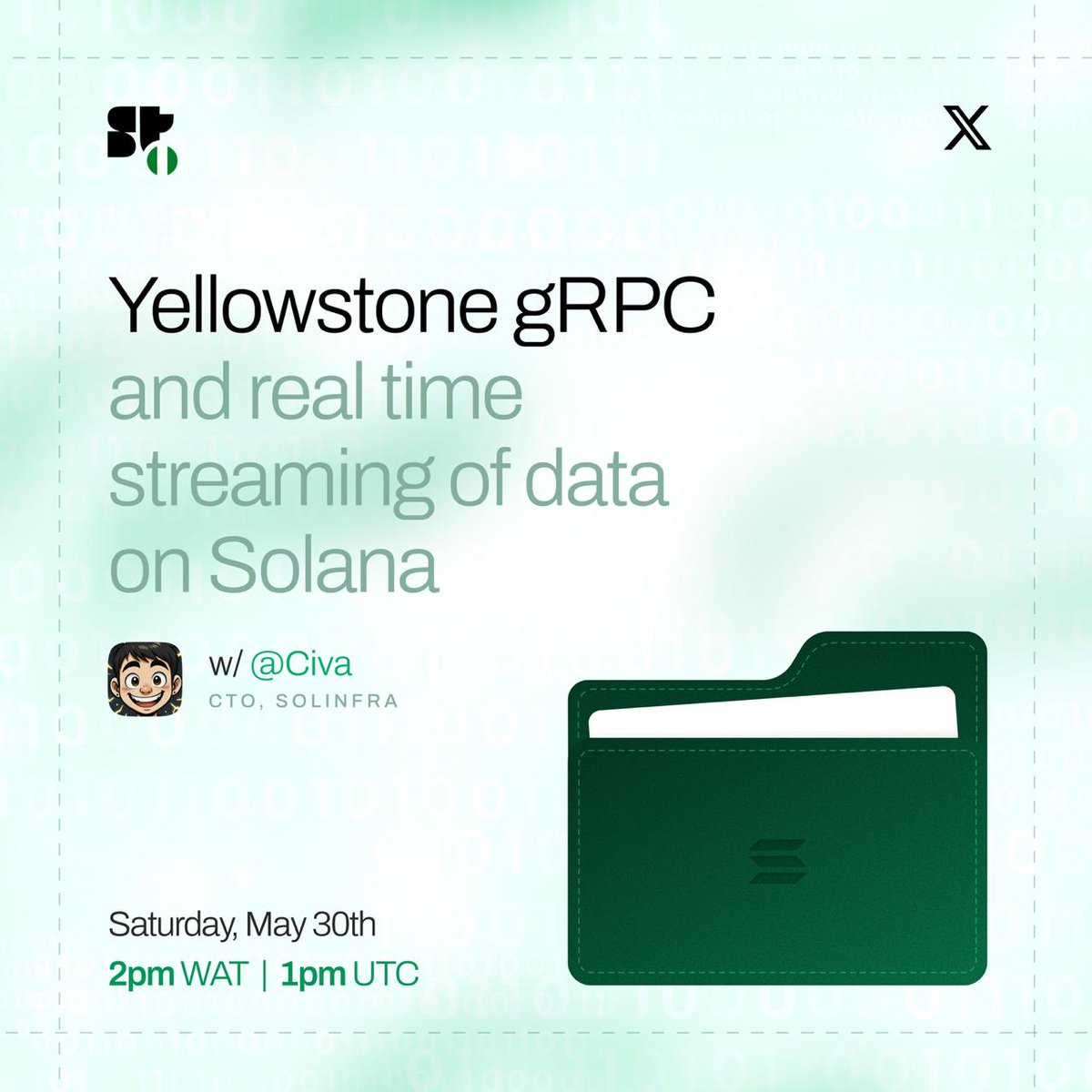 SuperteamNG's tweet photo. In addition to the bounty we are hosting a workshop today with @cryptociva we would be discussing Yellowstone gRPC and real time streaming of data on Solana.

This session will cover:
•⁠  ⁠How Yellowstone gRPC sits on top of Geyser
 • Why gRPC is preferred for high throughput, low latency systems
 • Subscription models for:
 • Accounts
 • Transactions
 • Blocks
 • Slots
 • Block metadata
 • Filtering strategies for efficient data ingestion
 • Practical architecture patterns for production applications
 • Handling reconnections, backpressure, and stream reliability.

Saturday, May 30
2 PM WAT | 1 PM UTC