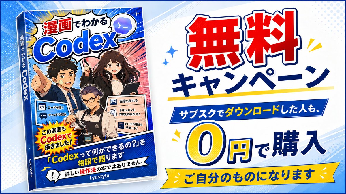 glyustyle's tweet photo. 【拡散してね】

140ページ全て #Codex で書いたCodex本　、
#無料キャンペーン 突入です！

サブスクででウンロードした方も、改めて0円で購入していただくと、ご自分の本になり、
サブスクやめても返さなくて良くなりますので、
ぜひ、０円での購入をお願いします。

PR
▶　https://t.co/BhG7bAqe02 https://t.co/q5QOfSbbdZ