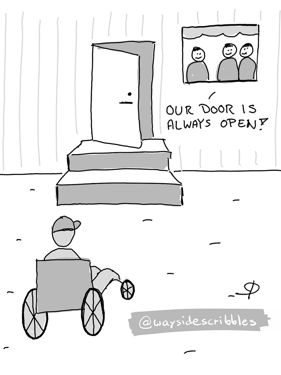 waysidescribble's tweet photo. – Our door is always open!

#longcovid #postcovid #ableism #accessibility #satire https://t.co/2HVuYsHgHr